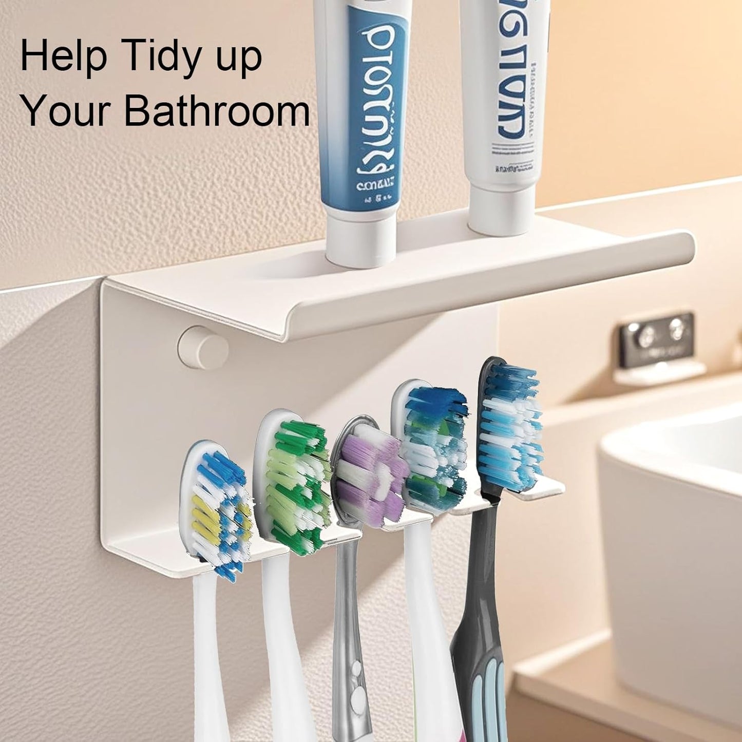 Wall Mounted Toothbrush Holder for Bathroom Shower, 5 Slots Aluminum Self-Adhesive Tooth Brush, Toothpaste Organizer Hanger Compatible with Colgate Extra Clean, Oral-B CrossAction, etc (White)