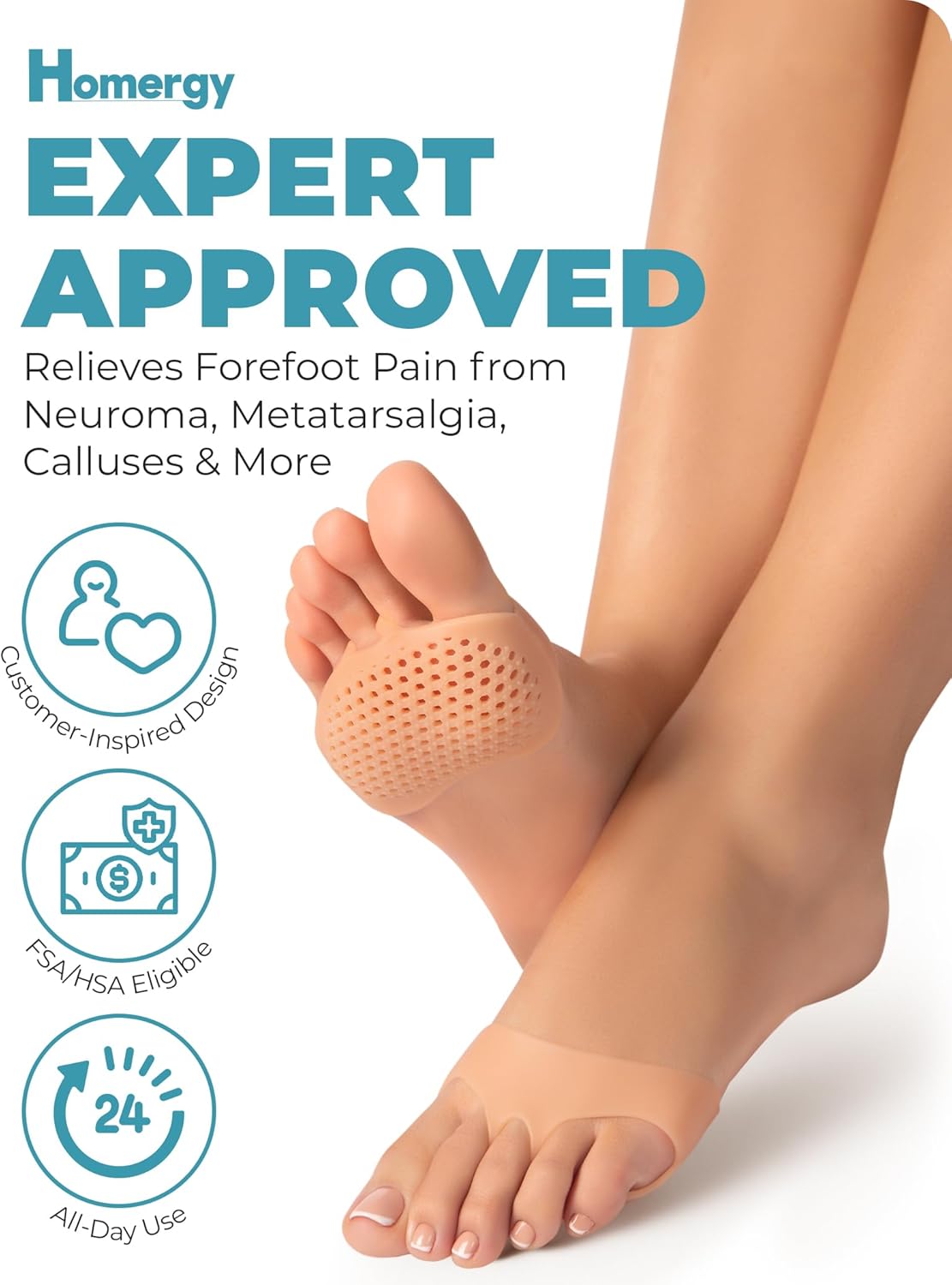 Homergy Metatarsal Foot Pads - Soft Gel Ball of Foot Cushions for Pain Relief, Ultra-Thin Sleeve Design, Stays in Place, Breathable & Reusable - Fits Heels, Flats, Sneakers (4 Pads / 2 Pairs)