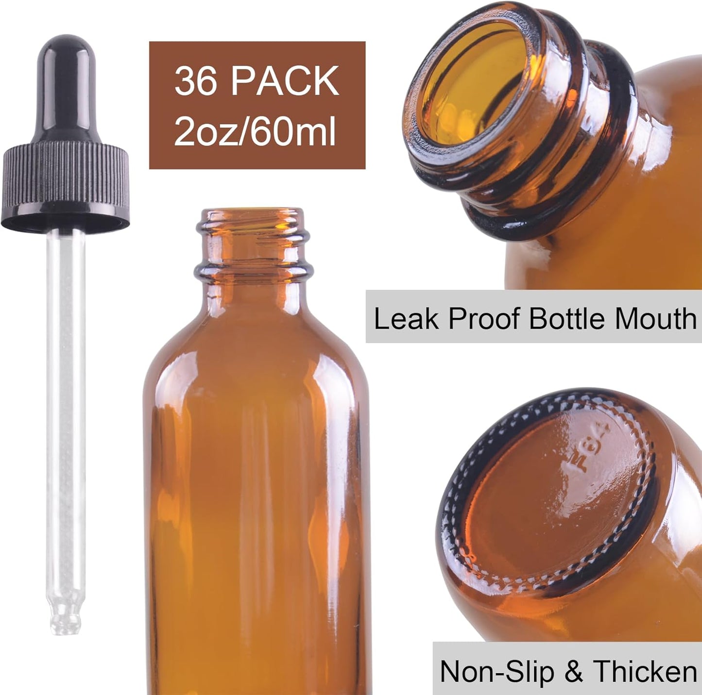 36 Pack 2oz Amber Glass Dropper Bottles, Glass Eye Dropper Bottles for Essential Oils, Perfumes, Laboratory Use (Amber, 2oz-36Pack)