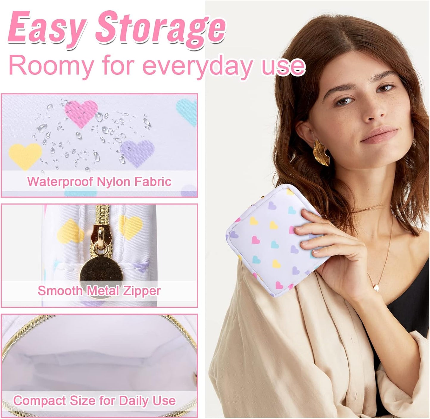 Nylon Mini Preppy Cute Makeup Bag - White Heart: Waterproof Zipper Pouch for Travel, Storage - Small Cosmetic Purse Organizer