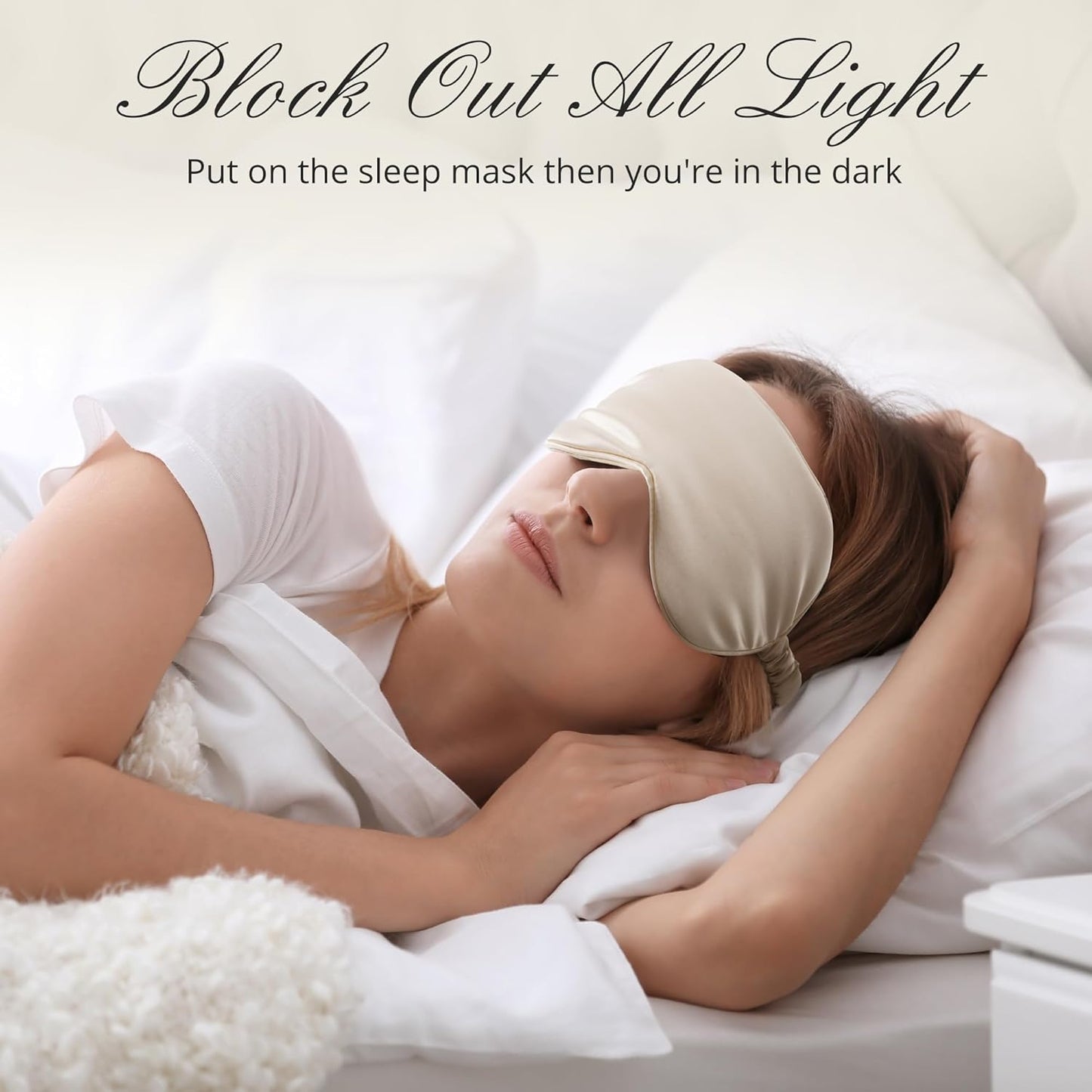BOKOR Adjustable Silk Sleep Eye Mask for Women and Men, Luxury Mulberry Silk Eye Cover, Light-Blocking Improve Sleep Quality,with Travel Bag - Champagne