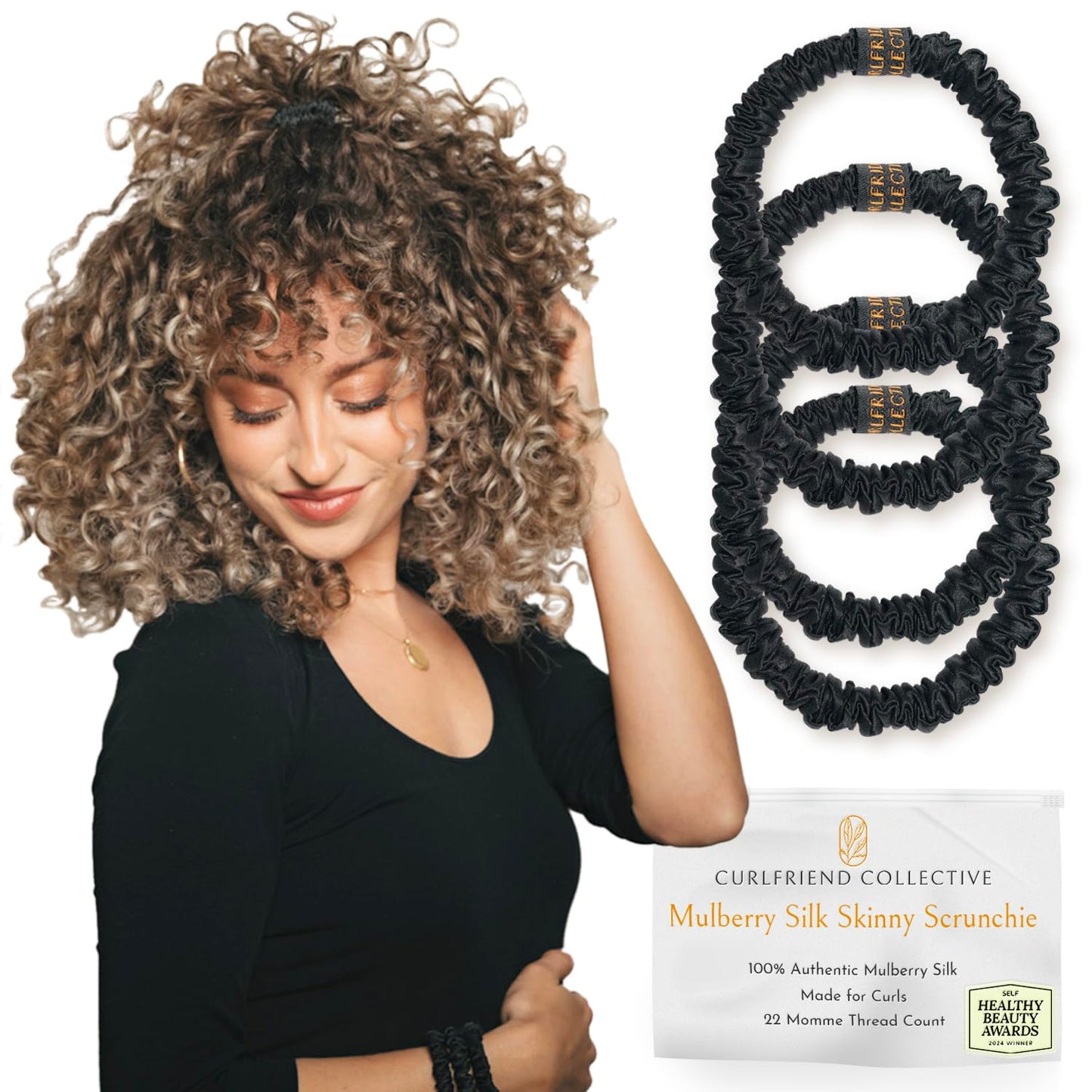 Authentic Mulberry Silk Skinny Scrunchies for Women, Anti Breakage Hair Ties for Curly Thick & Thin Hair, 100% Silk for Buns, Ponytail Holders & Sleeping, Onyx Black Color (4-Pack)