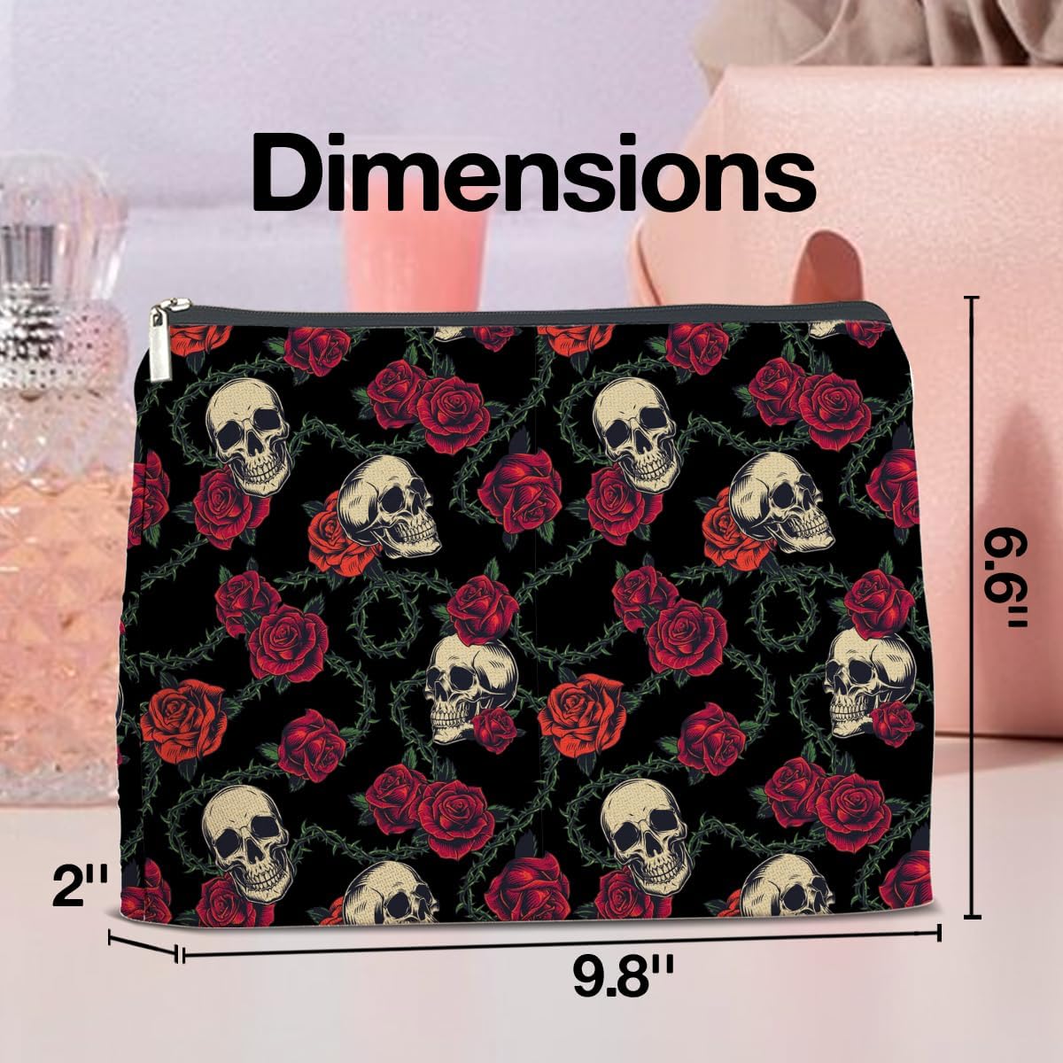 Gothic Rose and Skull Pattern Makeup Bag Gifts for Women Skull Floral Cosmetic Bag Zipper Pouch Travel