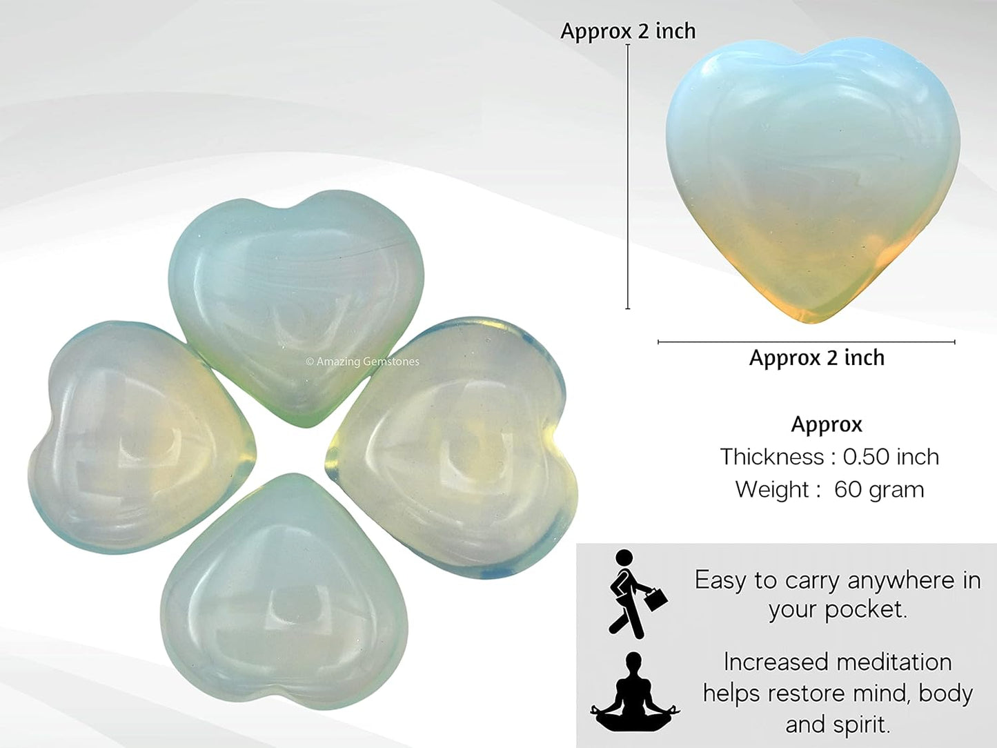Opalite Crystal Heart Palm Stone - Pocket Massage Worry Stone for Natural Body Chakra Balancing, Reiki Healing and Crystal Grid