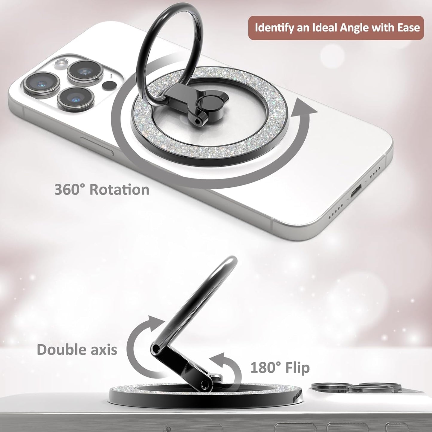 for MagSafe Phone Grip Stand, Magnetic Phone Ring Holder for MagSafe, Magnetic Ring Holder for iPhone. (Glitter Black)