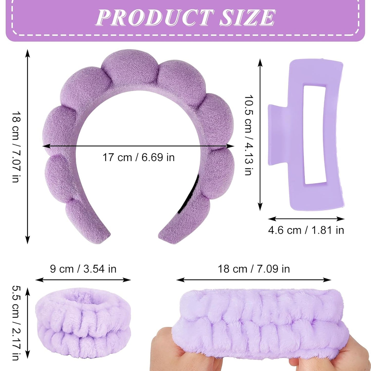 Wecoe Pink Purple Spa Headband And Wristband Set Skincare Headband For Washing Face Hair Claw Clips For Thick Hair Cute Puffy Sponge Bubble Makeup Head Band Wrist Towels Scrunchies For Women Girls