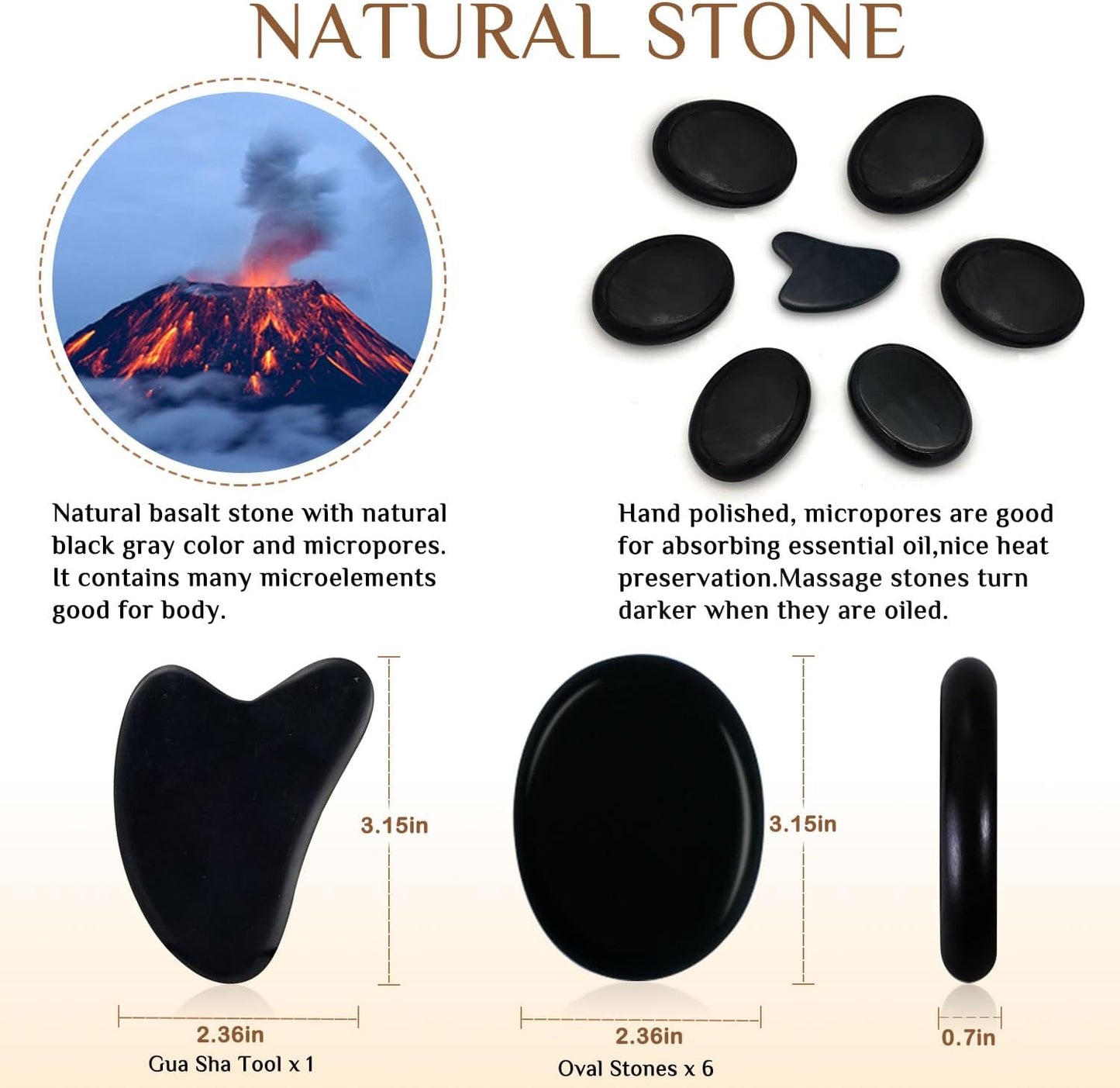 7 Pieces Hot Stones Massage Set - 6 Large Oval Massage Stones for Body Massage and 1 Heart-Shaped Basalt Stone Gua Sha Tool for Face Hot Rocks for Home Spa, Relaxing, Pain Relief