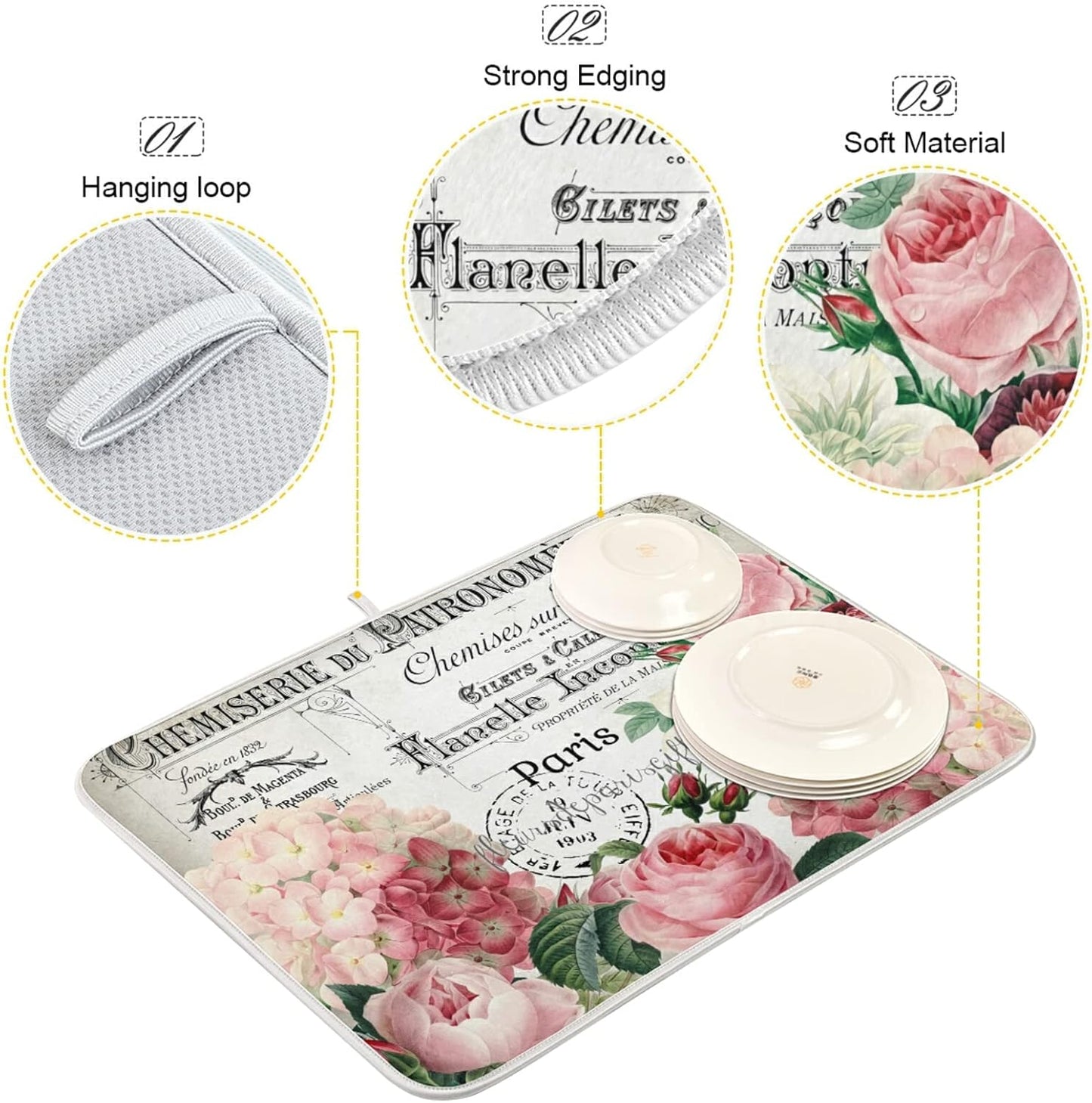 Vintage Pink Rose Flower Dish Drying Mats for Kitchen 18x24 inch Drying Mat Absorbent Microfiber Dish Mat Drainer Rack Mats Fast Dry for Kitchen Counter
