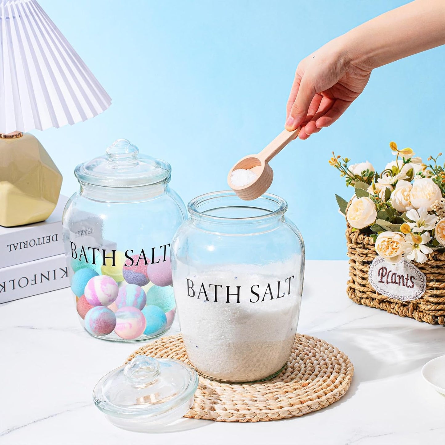 2 Sets 74 oz Bath Salt Container with Airtight Lid and Scoop Big Glass Jar with Wooden Scoop for Bath Flour Salt Candy Tea(Printed)