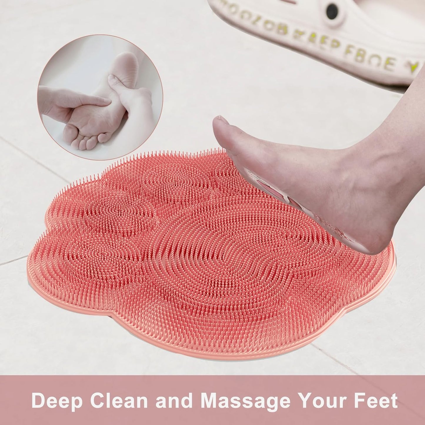 Foot Scrubber in Shower,Shower Foot Scrubber Mat,Silicone Body Scrubber with Suction Cups,Bath Feet Scrub Mat with Storage Hook(Pink)