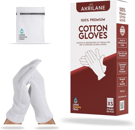 XS Extra Small 5 Pairs 100% Premium Cotton Gloves for Dry Hands | Moisturizing Overnight Gloves for Eczema, Psoriasis & Skin Spa Treatment for Women & Men | Washable & Reusable with Free Laundry Bag