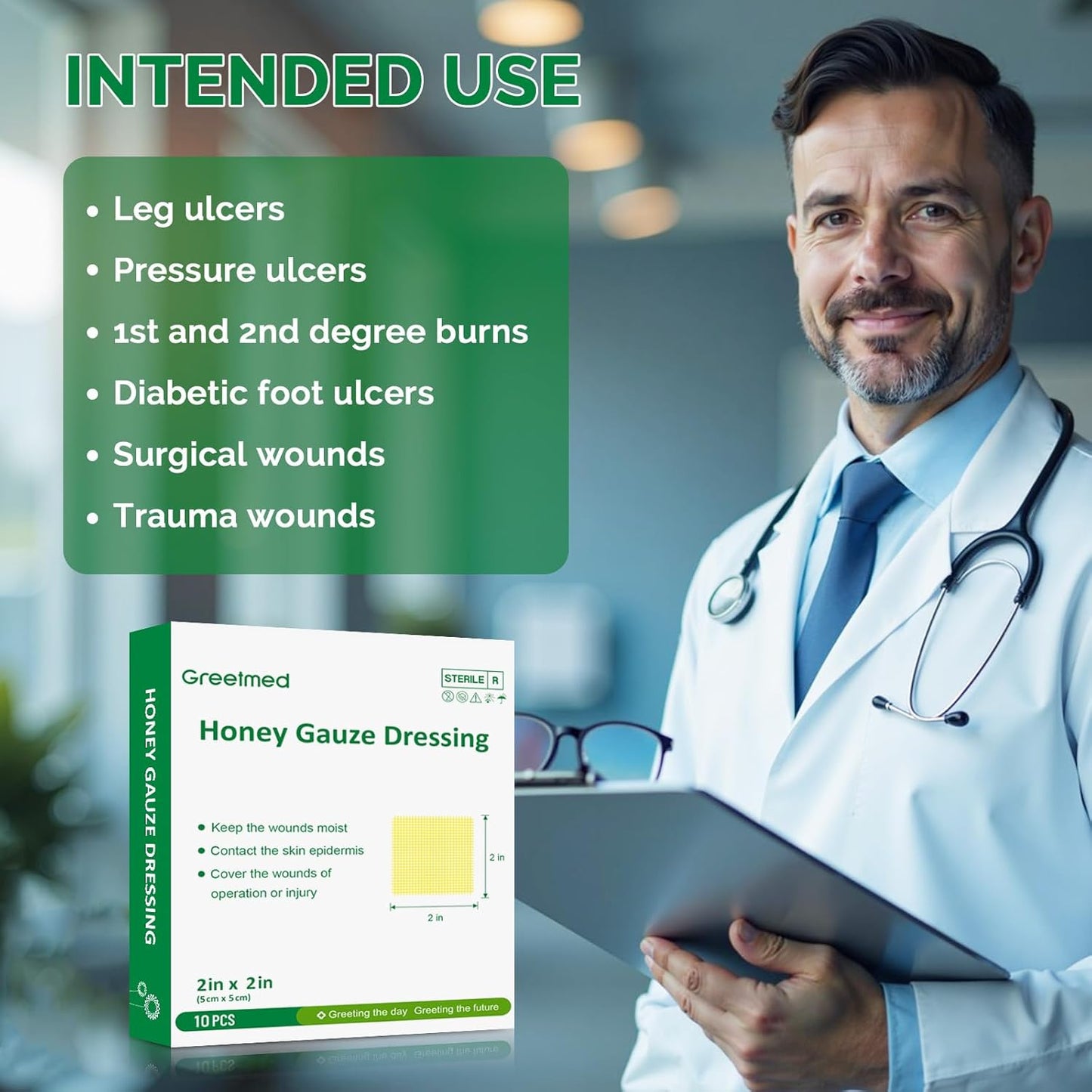 Honey Gauze Dressing 2'' x 2'' Sterile Honey Wound Dressing, Medical Grade Manuka Honey Patches for Faster Wound Care | Burns | Traumatic Wounds and Laceration (Individually Pack of 10)