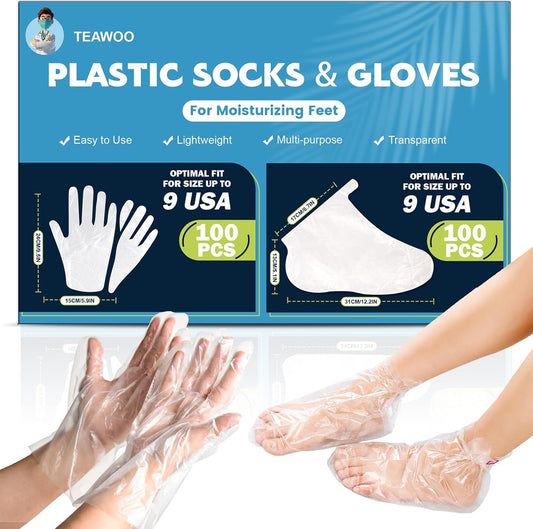 200PCS Disposable Hand & Foot Mask Set, 100P Hand Masks + 100P Foot Masks with Stickers, Leak-Proof Moisturizing Covers for Paraffin Therapy & at-Home Skin Care (Feet Fit up to US 9)
