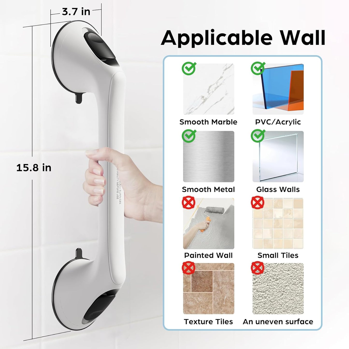 2 Pack 16 Inch Grab Bars for Bathtubs and Showers for Seniors, Heavy Duty Shower Handle for Elderly, Suction Cup Removable Handrails Handicap Bath Grip Bathroom Safety Grips (White and Black