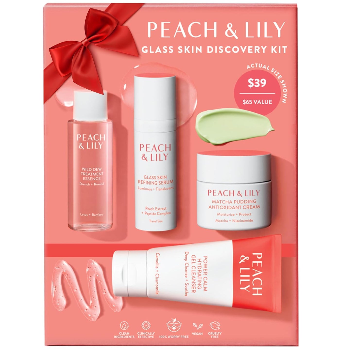 Peach & Lily - Glass Skin Discovery Kit (4 Products) - 1 Cleanser, 1 Essence, 1 Serum & 1 Cream - Skin Care Set - Acne Routine - Travel Essentials - Self Care - Vegan & Cruelty Free - Korean Beauty