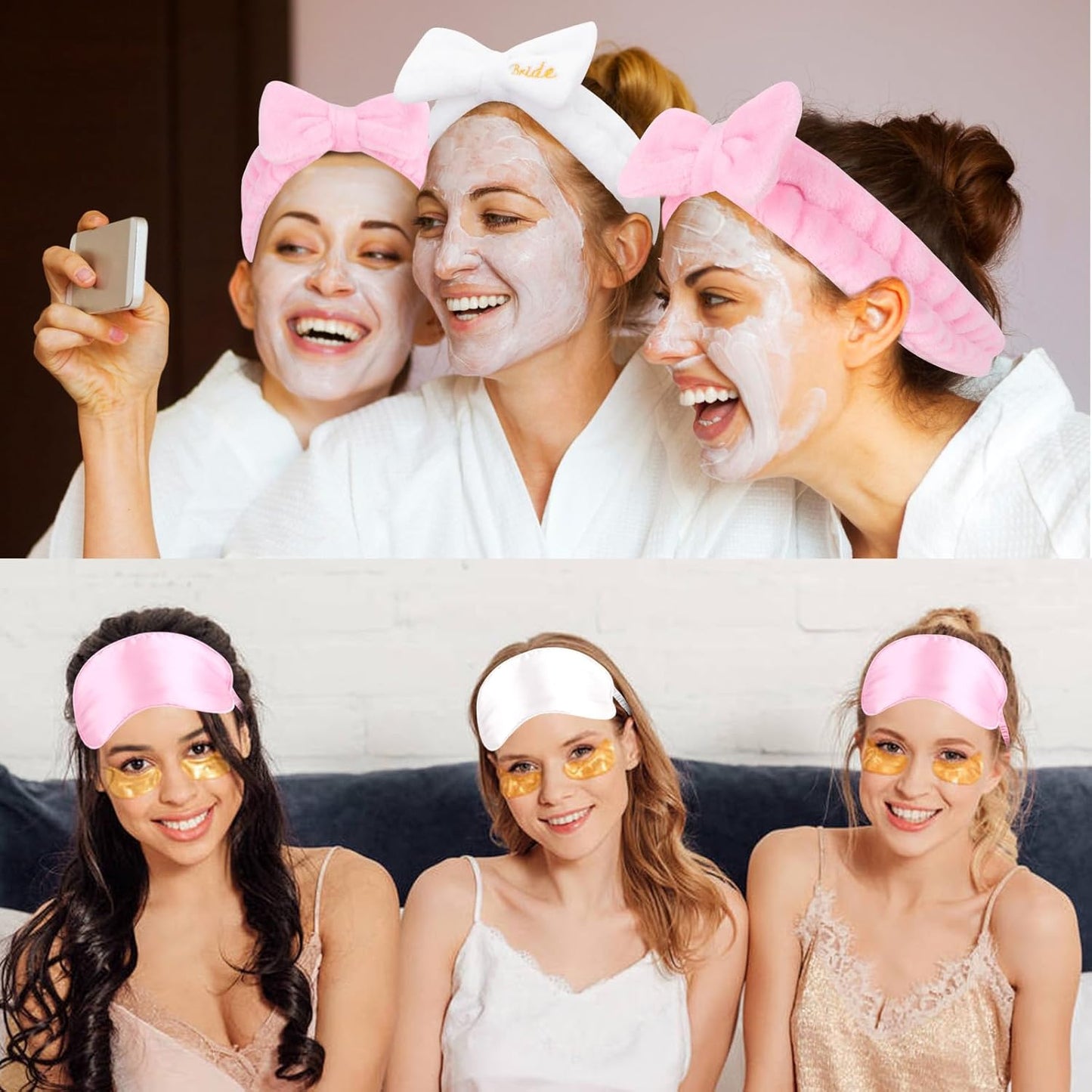 Wecoe 12pcs/set Bow Spa Headbands & Eye Masks - Bachelorette Party Favors, Bridal Shower & Bridesmaid Proposal Gifts(White, Pink)