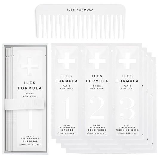 ILES FORMULA Signature Collection Discovery Set – Hydrating Trial Size Shampoo & Conditioner w/Sample Finishing Serum Blow Dry Cream for Dry, Damaged, Frizzy Hair - Salon Grade Hair Care Sampler