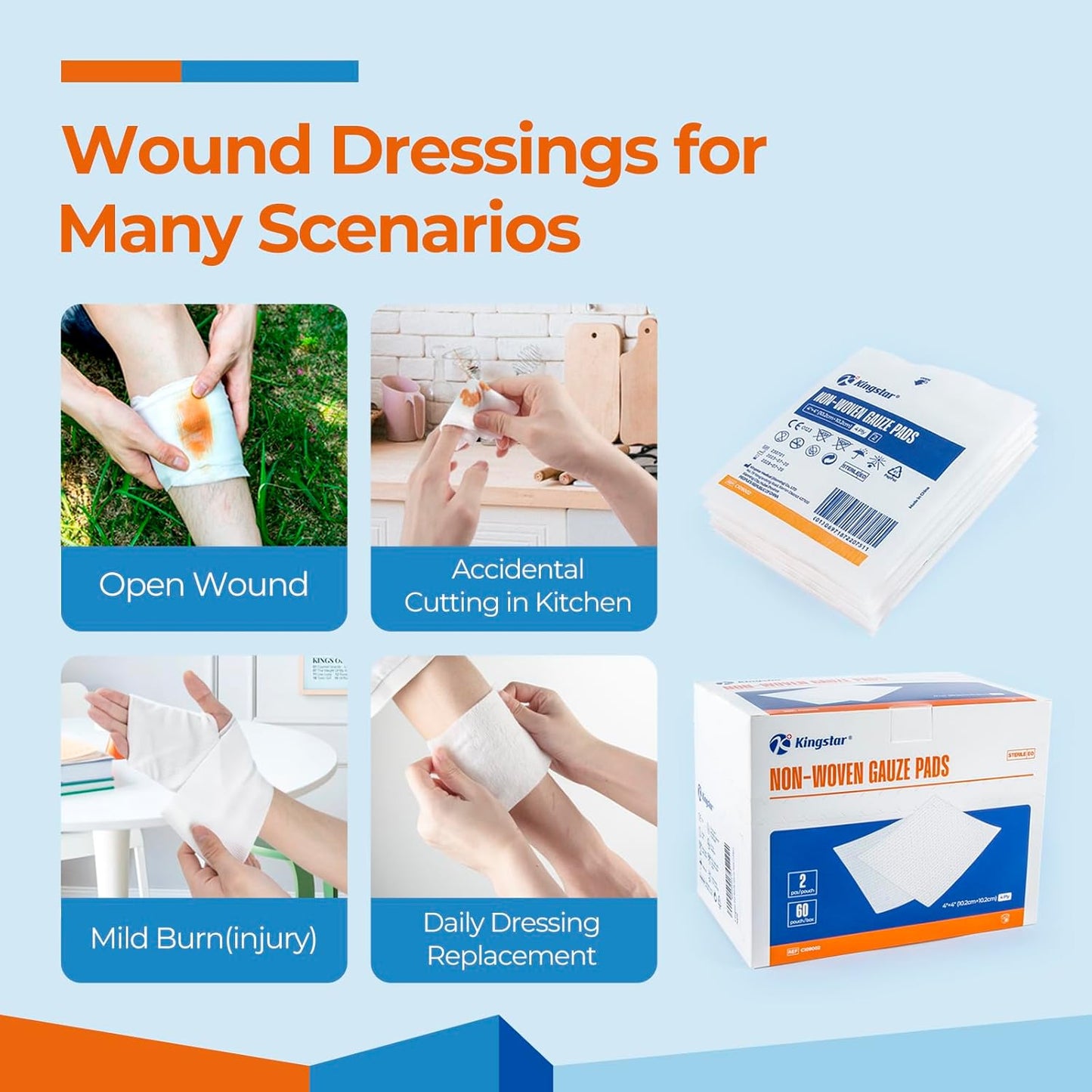 Kingstar Sterile Nonwoven Gauze Pads, 4"x 4" Wound Dressing, 60 Packs - 120 Pieces Superior Soft Sponge Pads, Higher Absorbent Gauze Compresses for Trauma or Post-Operative Wound Care