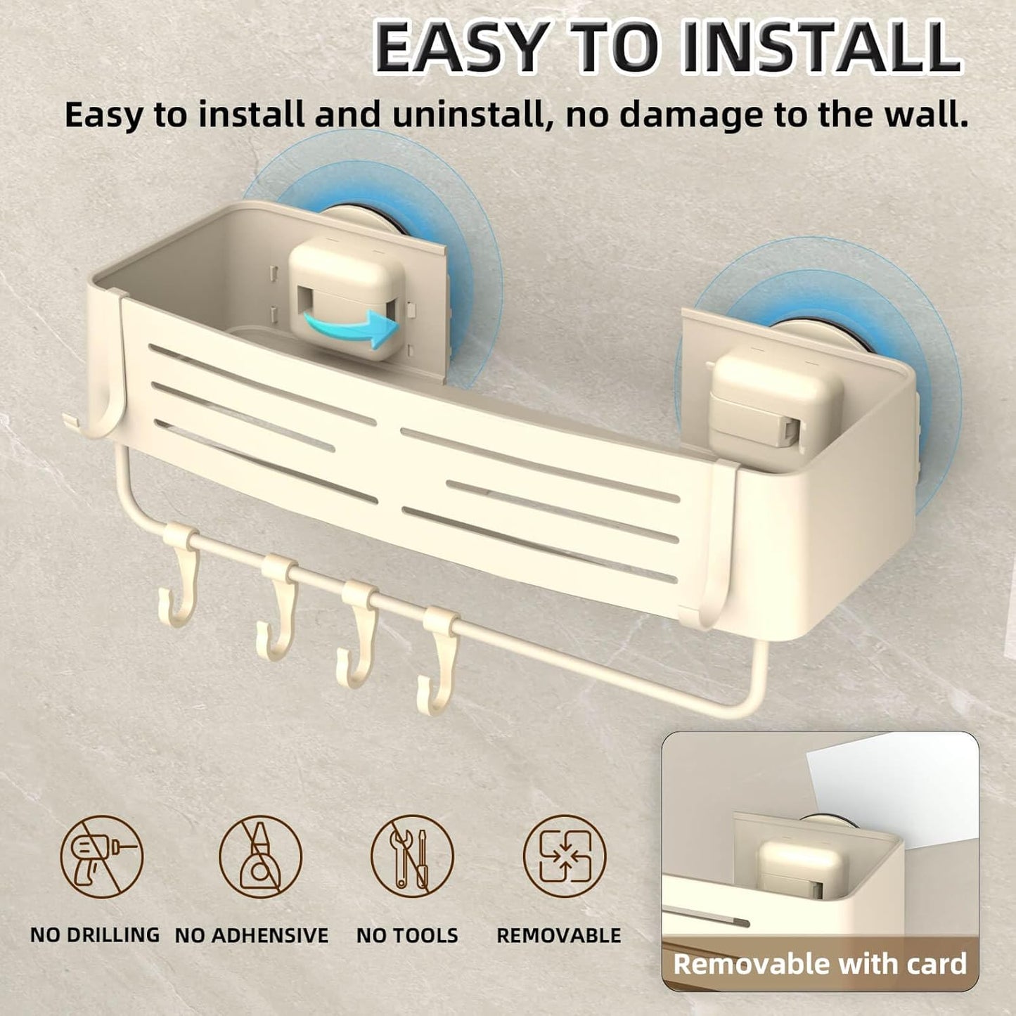 Onemake Aluminum Shower Caddy Suction Cup, No Drilling Bathroom Shower Shelf, Corner Shower Caddy with 6 Portable Hooks, Removable Bath Organizer with Towel Bar for Bathroom Storage(Cream White)