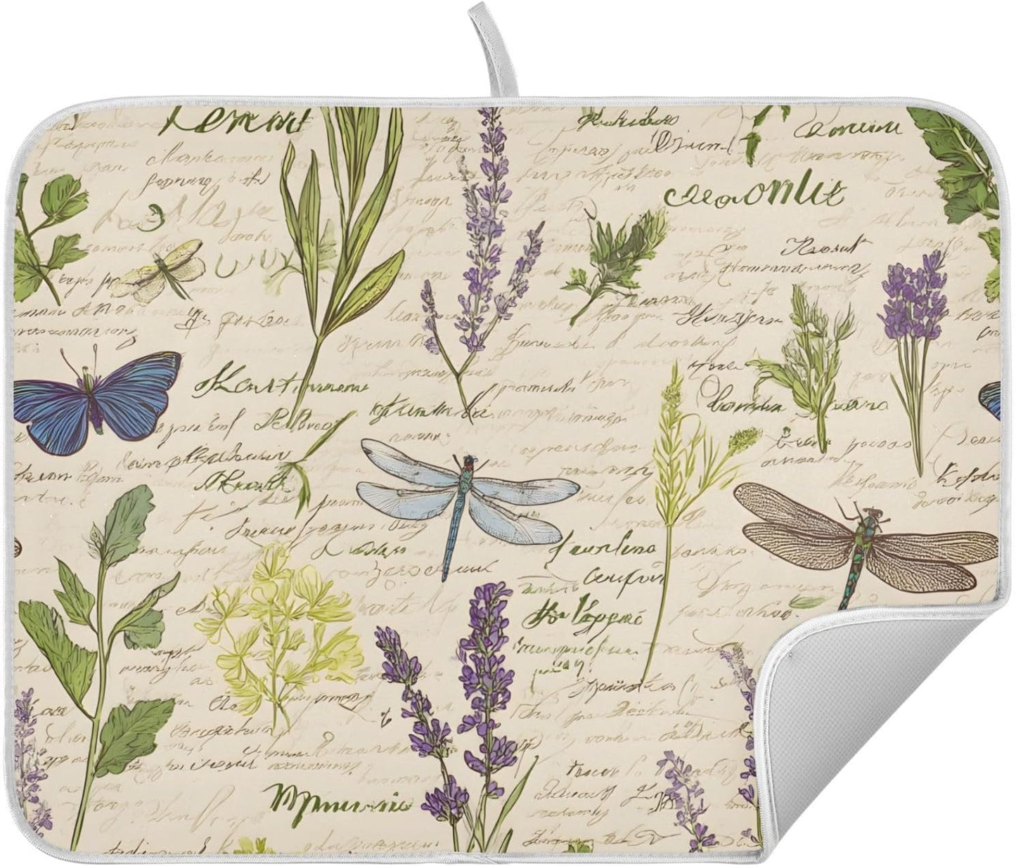 Handwritten Dragonfly Butterfly Dish Drying Mats for Kitchen Counter, 18x24 inch Drying Dishes Absorbent Microfiber Dish Drainer Mat Rack Pad Fast Dry