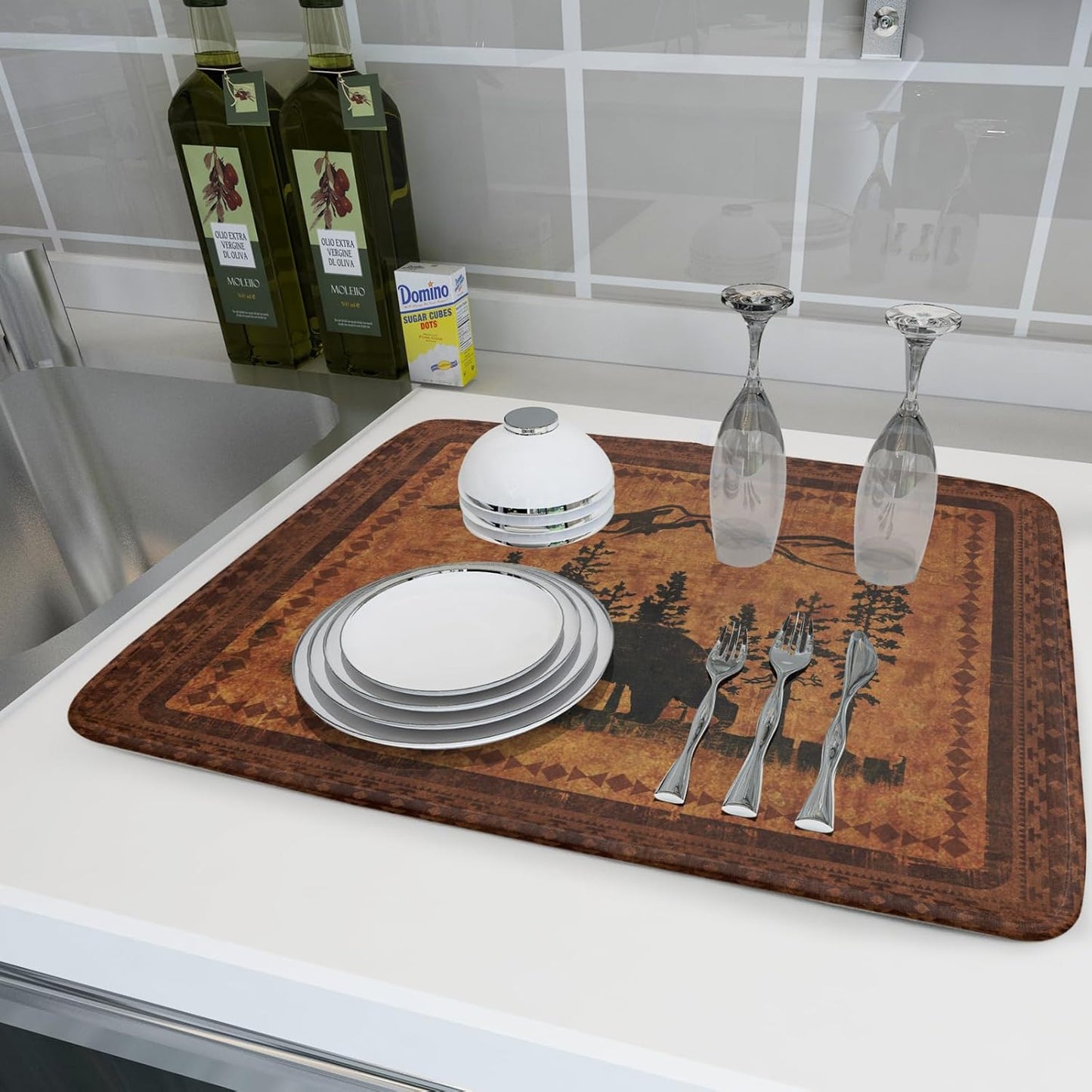 Forest Bear Dish Drying Mat 18x24 Inch Rustic Cabin Washable Microfiber Absorbent Dishes Drainer Rack Pad for Kitchen Counter Home Decor