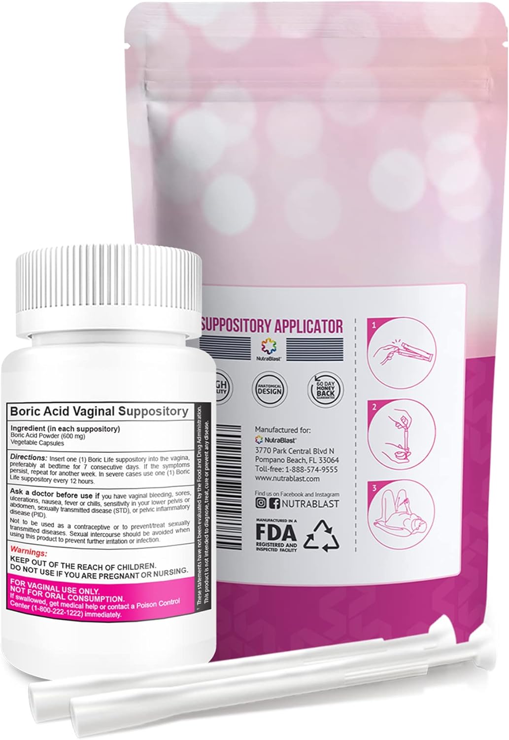 NutraBlast Boric Acid Vaginal Suppositories 600mg Bundle with Applicator, 30 Suppositories & 15 Applicators - Feminine Care - Made in USA
