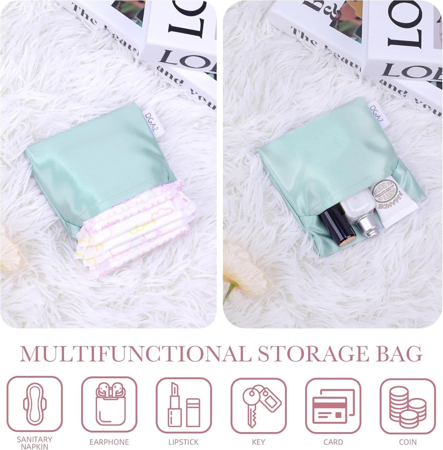 DGAZ silk Sanitary Napkin Storage Bag, Period Bags for Teen Aged Girls, Portable for Panty Liners/Menstrual Cup/Small Tampons，Mini Makeup Bags for Purse(Vert Deau)