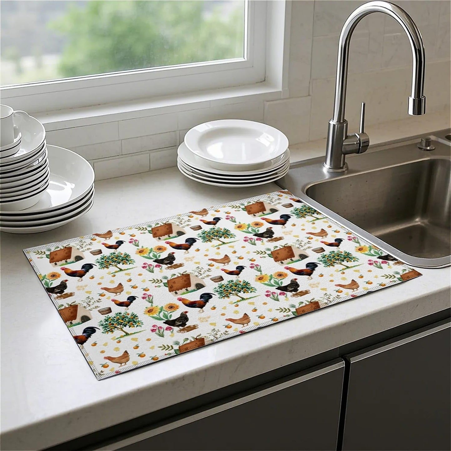 Dish Drying Mat For Kitchen Counter, Farmhouse Rooster Microfiber Absorbent Dish Drainer Rack Pad Reusable Large 18x24in Drying Mat