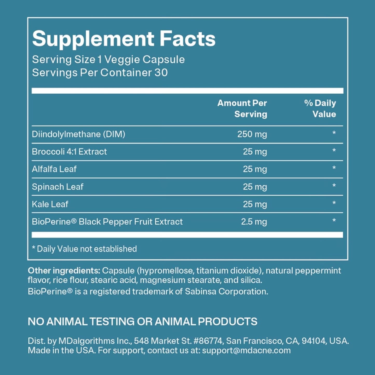 MDacne DIM Skin Clearing Supplements (30 Vegan Capsules) - for Acne Treatment, Estrogen Balance, Hormone Menopause Relief & Bodybuilding, Cruciferous Extract & Bioperine (30 Count (Pack of 1))