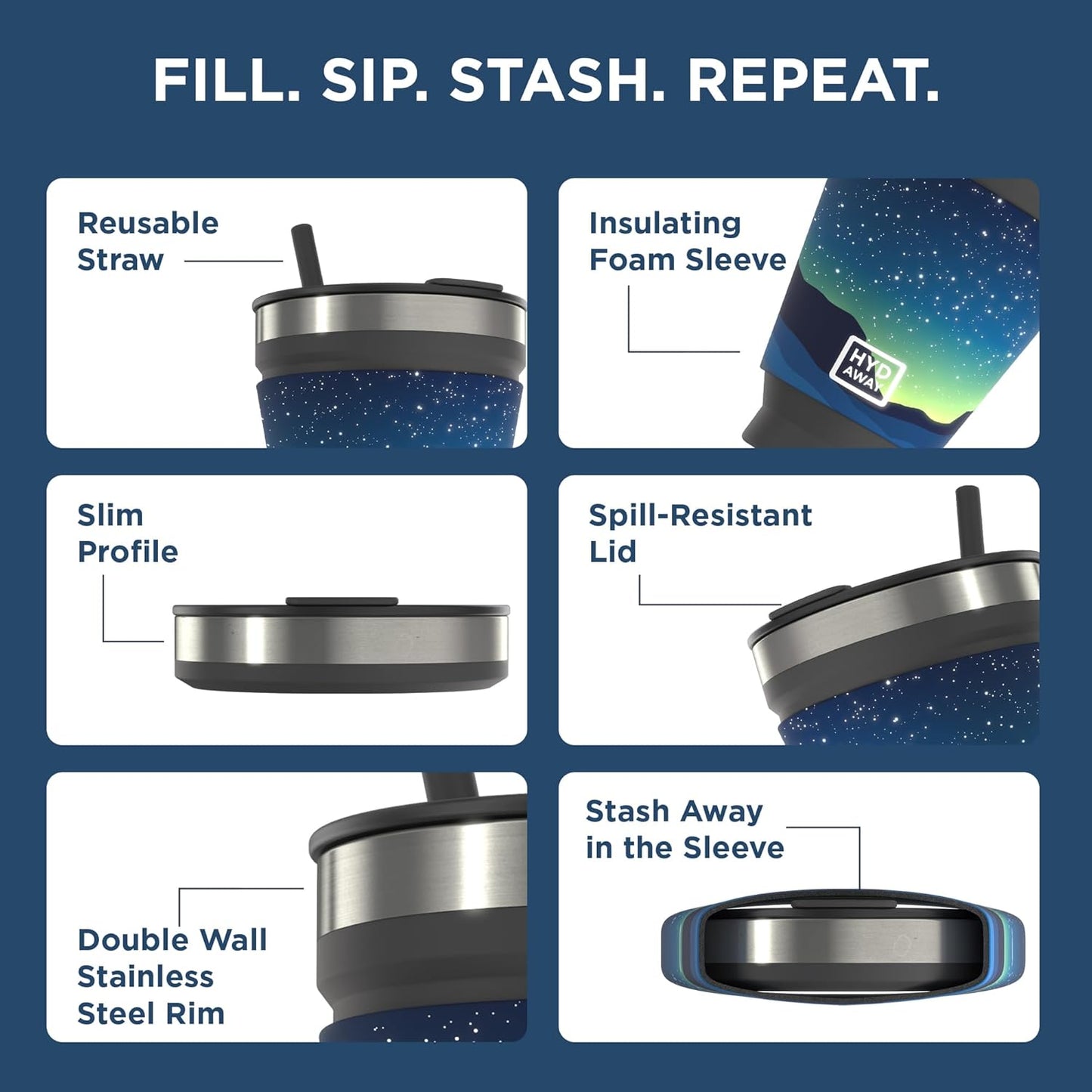 HYDAWAY 16oz Collapsible Tumbler - BPA-Free, Reusable Silicone Cup with Lid & Insulating Sleeve - Perfect for Coffee, Travel, and Everyday Use