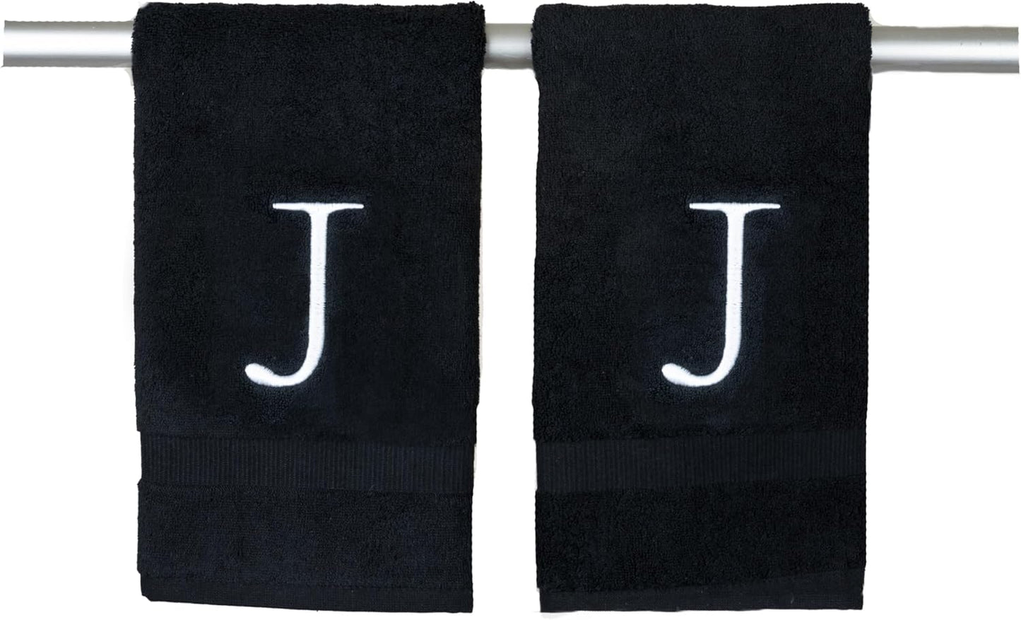 Black Letter Hand Towel for Bathroom - Monogrammed Initial Hotel Quality Decorative Embroidered Towel for Powder Room, Spa - GOTS Organic Certified - Set of 2 Letter J