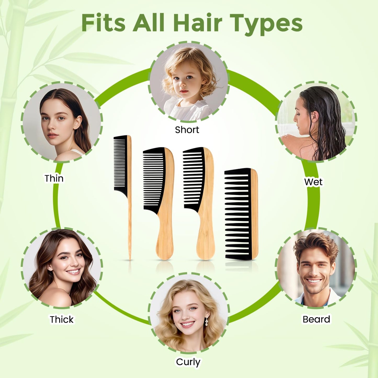 4 Pcs Natural Handmade Bamboo Hair Combs Set - Wide Tooth, Fine Tooth & Rat Tail Wooden Combs for Women Men, Anti-Static for All Hairstyles & Beard