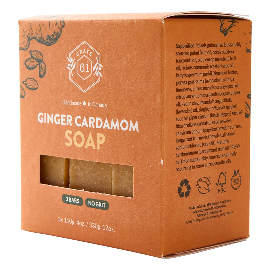 Crate 61 Organics, Handmade in Canada, Plant Based Natural Bar Soap Cold Pressed For Face & Body, w/Premium Essential Oils, For Men & Women 3 Pack (Ginger Cardamom)