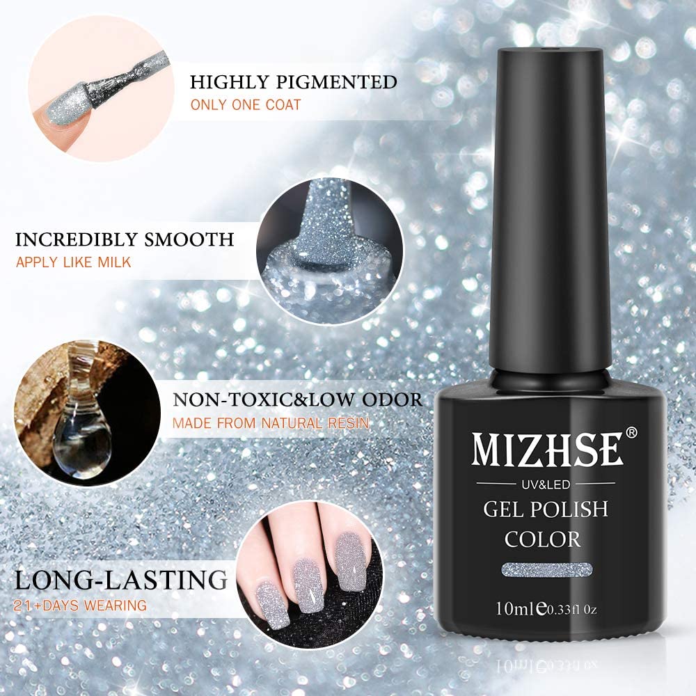 MIZHSE Reflective Glitter Gel Nail Polish, Silver Nail Gel Sparkly Shiny Gel Polish, Soak Off Nail Art Salon Varnish for Beginners Manicure DIY at Home