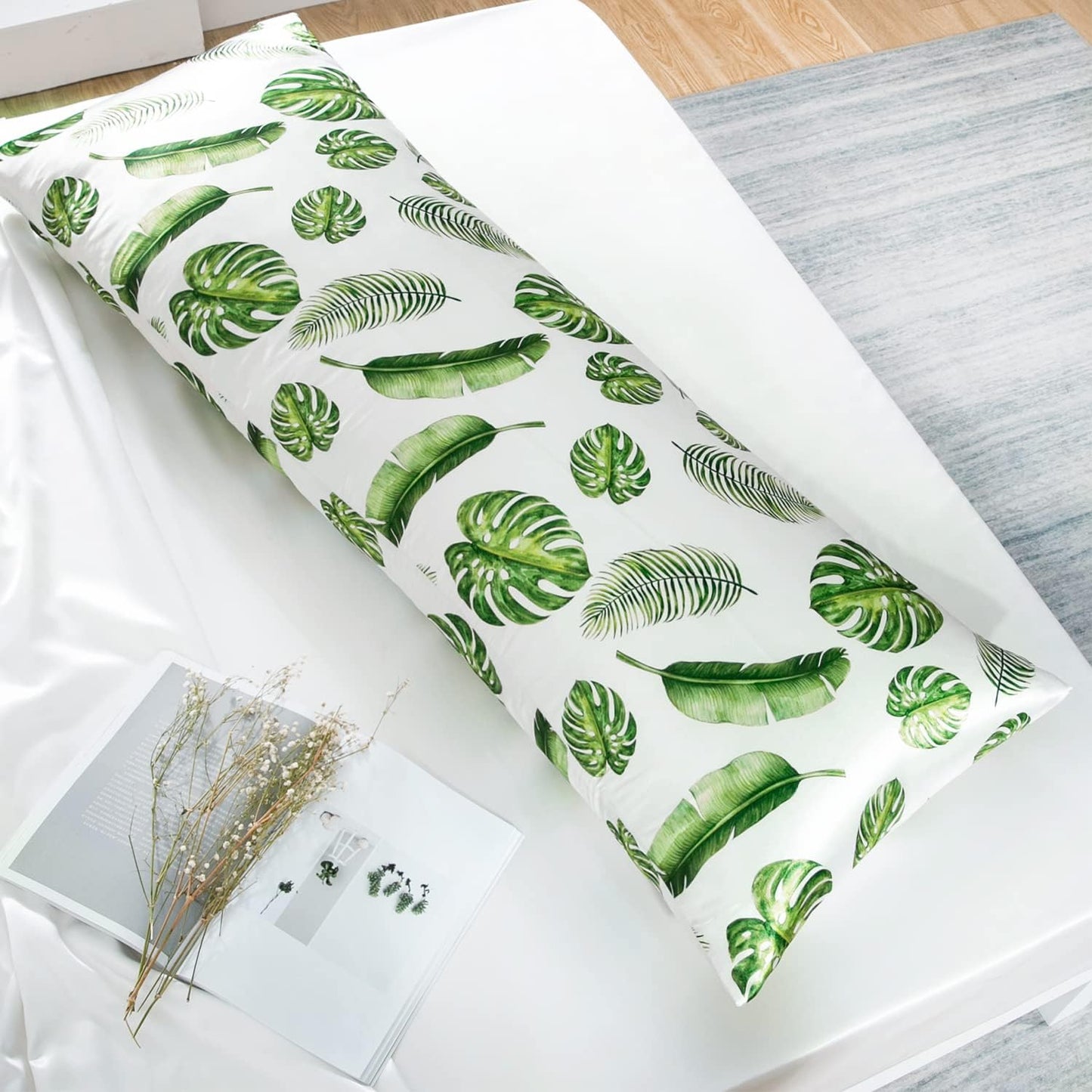 MR&HM Satin Body Pillow Cover, Soft and Breathable Body Pillow Case with Envelope Closure, Cooling and Silky Long Pillowcase for Hair and Skin,Grey (20x54, Leaves)