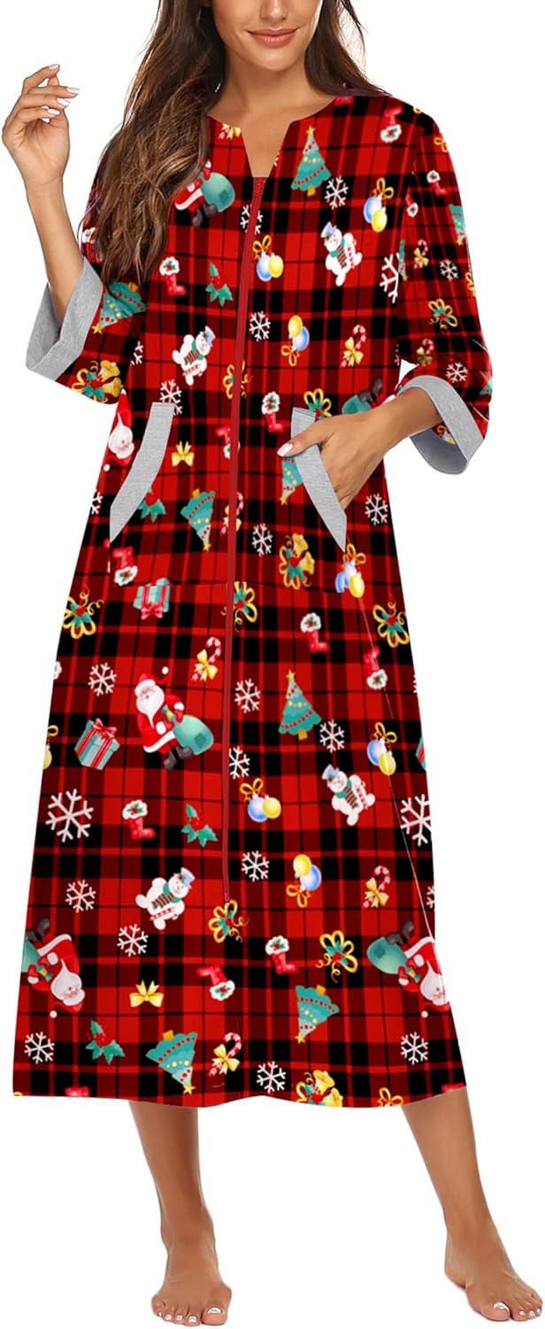Ekouaer Women Zipper Robe 3/4 Sleeves Loungewear Dress Full Length Sleepwear Pockets Housecoat Nightgown Long Bathrobe
