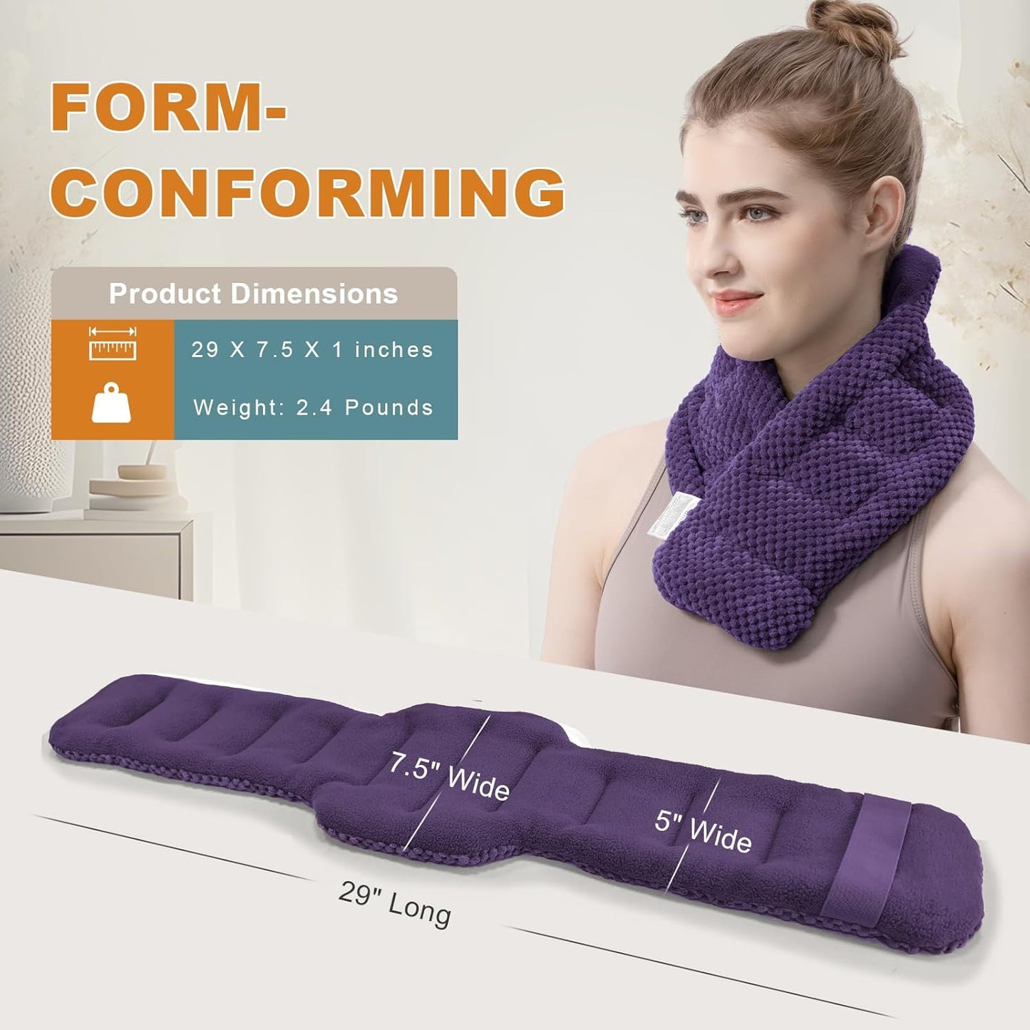 uncn Microwavable Heating Pads for Neck and Shoulders Pain Relief Microwave Heat Pack Versatile Weighted Moist Heated Neck Wrap Reusable Herbal Nature Calming Beanbag Warm Compress 29X7 in 2.4Pounds