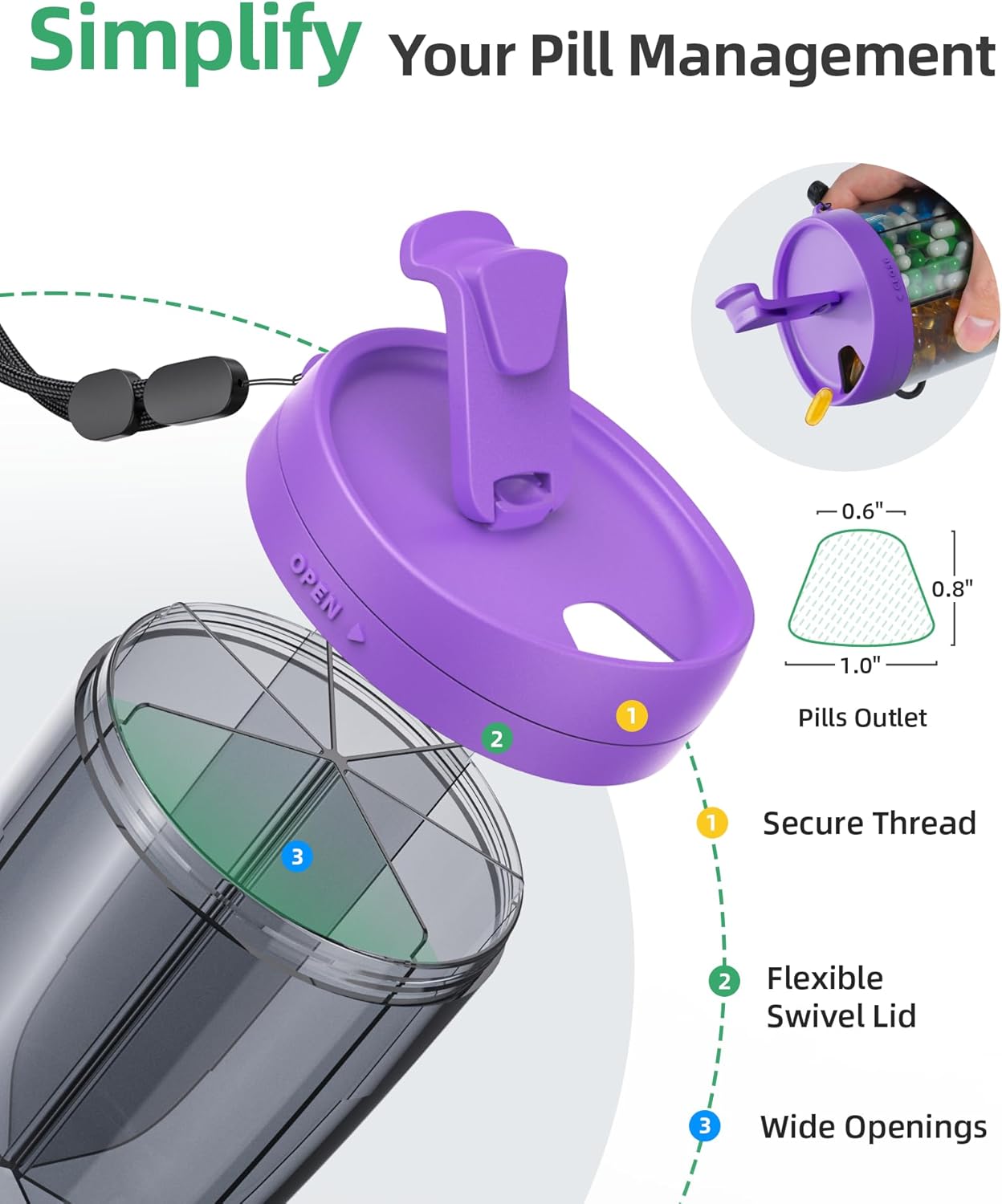 PULIV Large Supplement Organizer Bottle, Holds Plenty of 6 Various Vitamins in 1 Pill Dispenser with Anti-Mixing & Wide Openings Design, Easy to Retrieve Meds, Includes 20 Pcs Labels Dark Purple