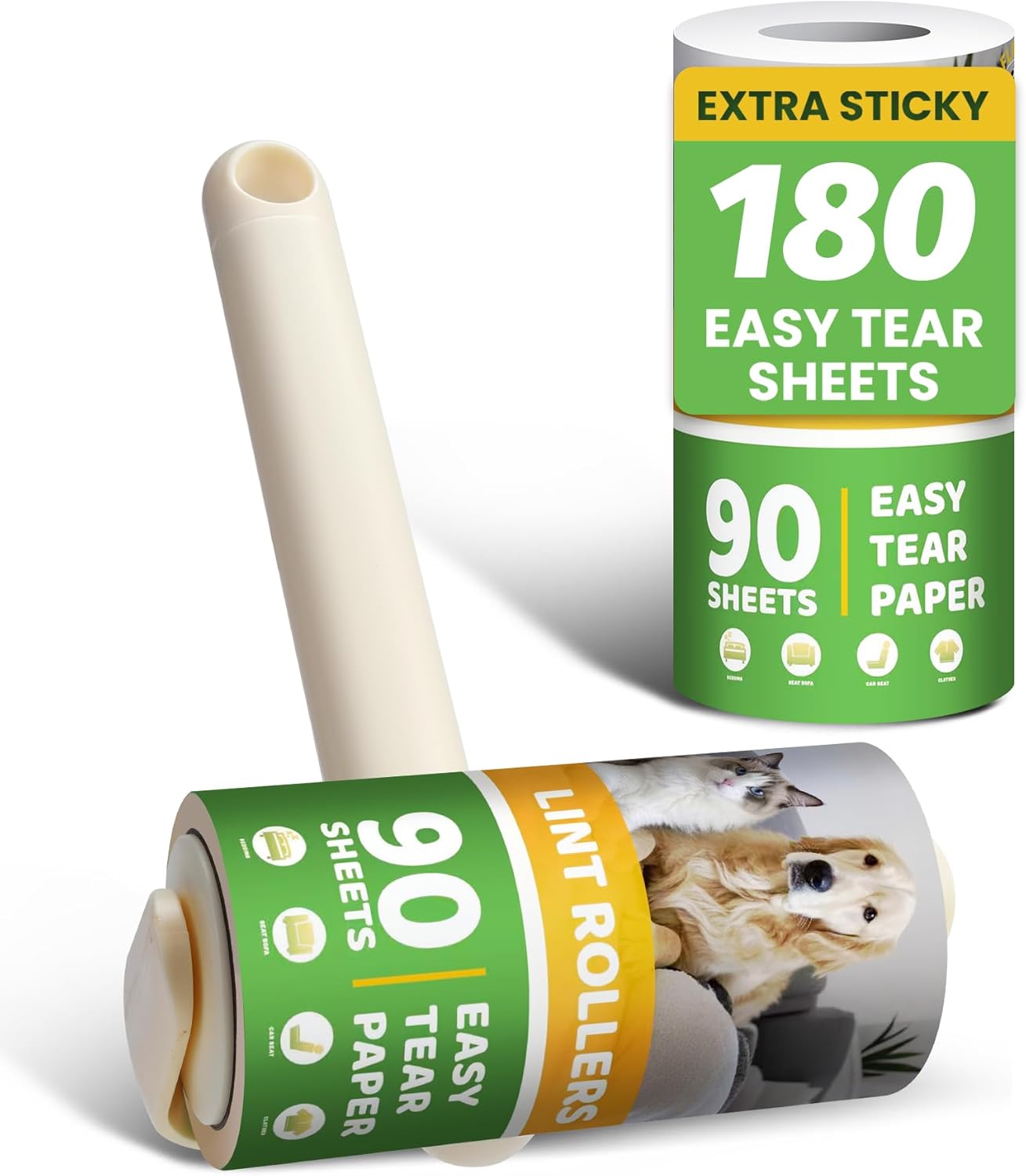 Lint Roller 2-in-1 Rotatable Handle Pet Hair Remover for Laundry Dog Hair, Cat Hair, Animal Fur, Fuzz Extra Sticky Roller for Couch, Clothes, Furniture and Carpet(2 Pack)