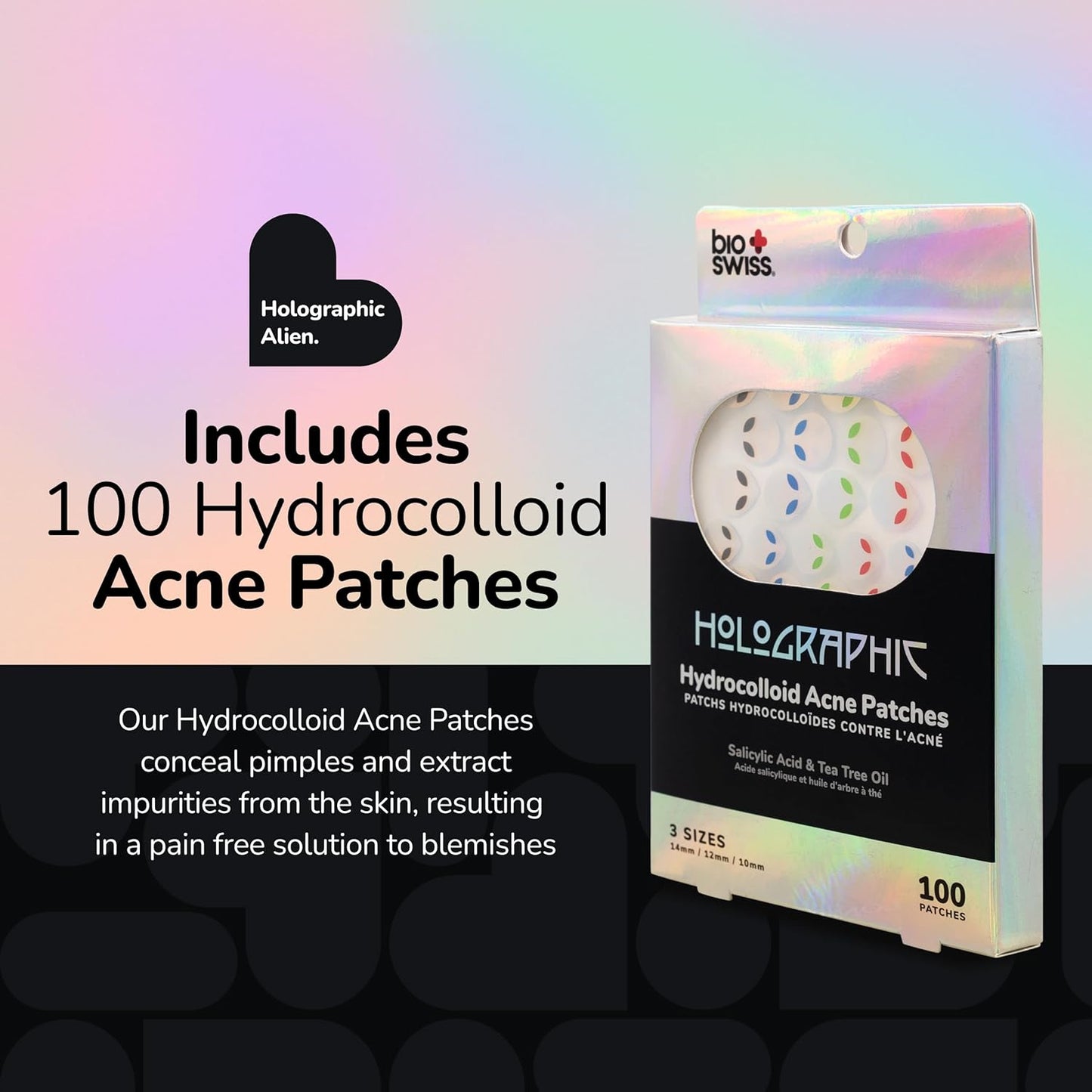 BioSwiss Pimple Patches, Holographic Alien Patch for Zits and Blemishes, Hydrocolloid Spot Stickers for Face and Skin, 100 Count