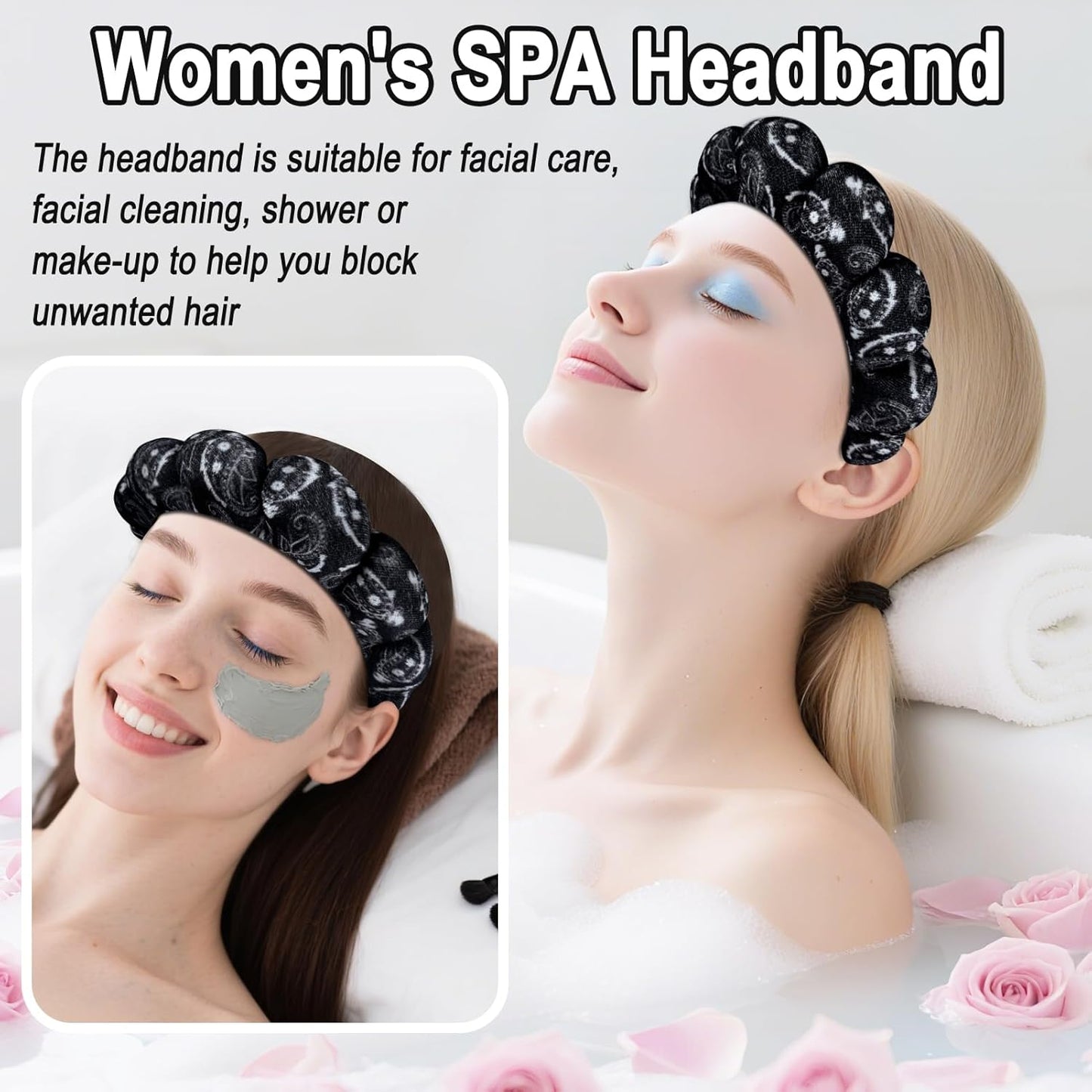 Zkptops Spa Headband for Washing Face Wristband Set Sponge Makeup Skincare Velvet Fabric Bubble Soft Get Ready Hairbands for Women Puffy Headwear Non Slip Thick Thin Hair Accessory(Black Large Nuts)