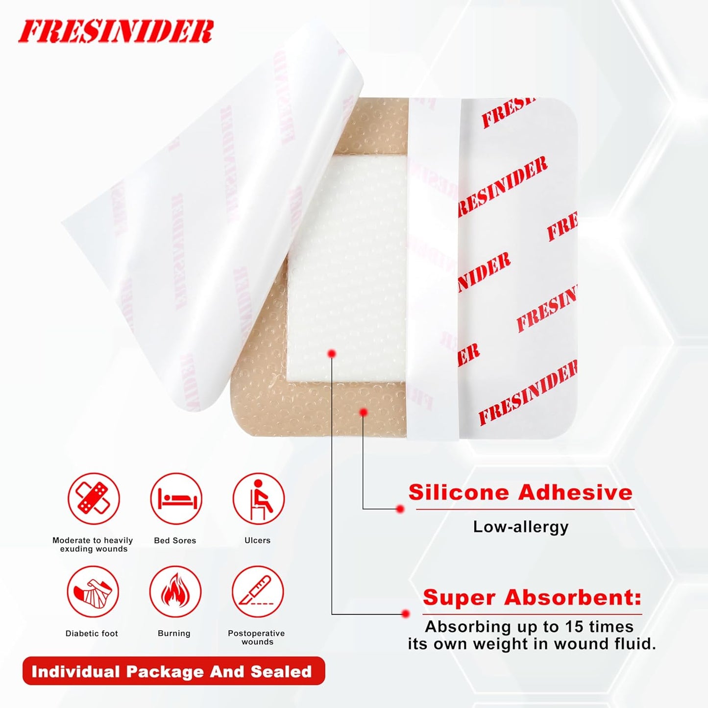 FRESINIDER Silicone Foam Dressing with Adhesive Border – Wound Dressing Bandage – Silicone Foam Pad – Pack of 5 – 4 x 4 Inches Large Waterproof Bandages – Self Adhesive Wound Care and Dressings