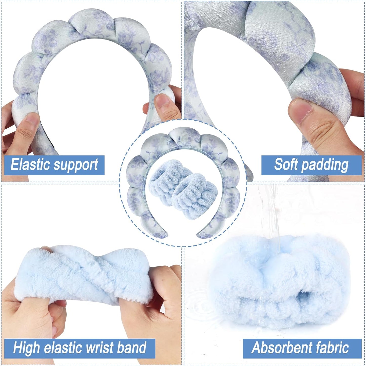 Zkptops Spa Headband for Washing Face Wristband Set Flower Sponge Makeup Skincare Velvet Fabric Bubble Soft Get Ready Hairband for Women Puffy Headwear Non Slip Thick Thin Hair Accessory(Blue Flowers)