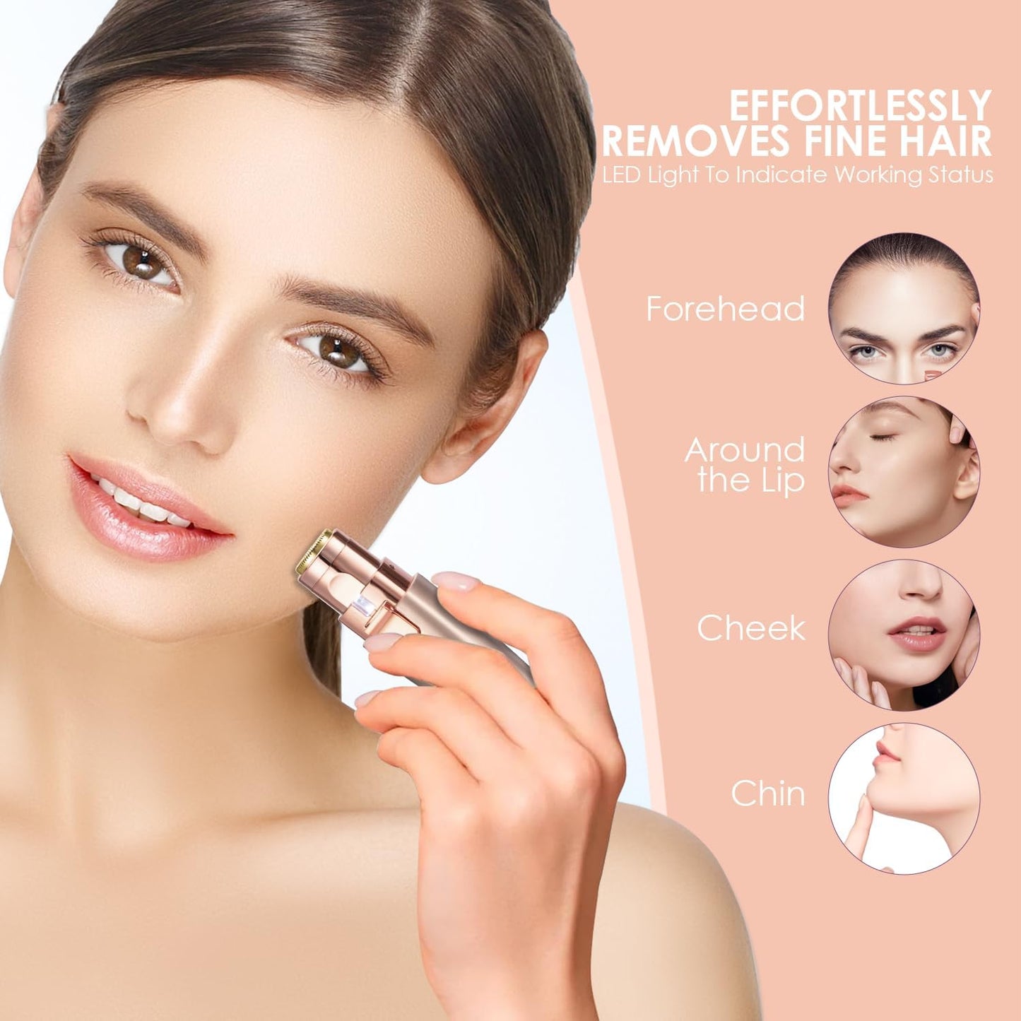 VG VOGCREST Eyebrow & Facial Trimmer: 2 in1 Rechargeable Facial Hair Removal & Eyebrow Shaver - Body Razor with Built-in LED Light (Rose Gold)