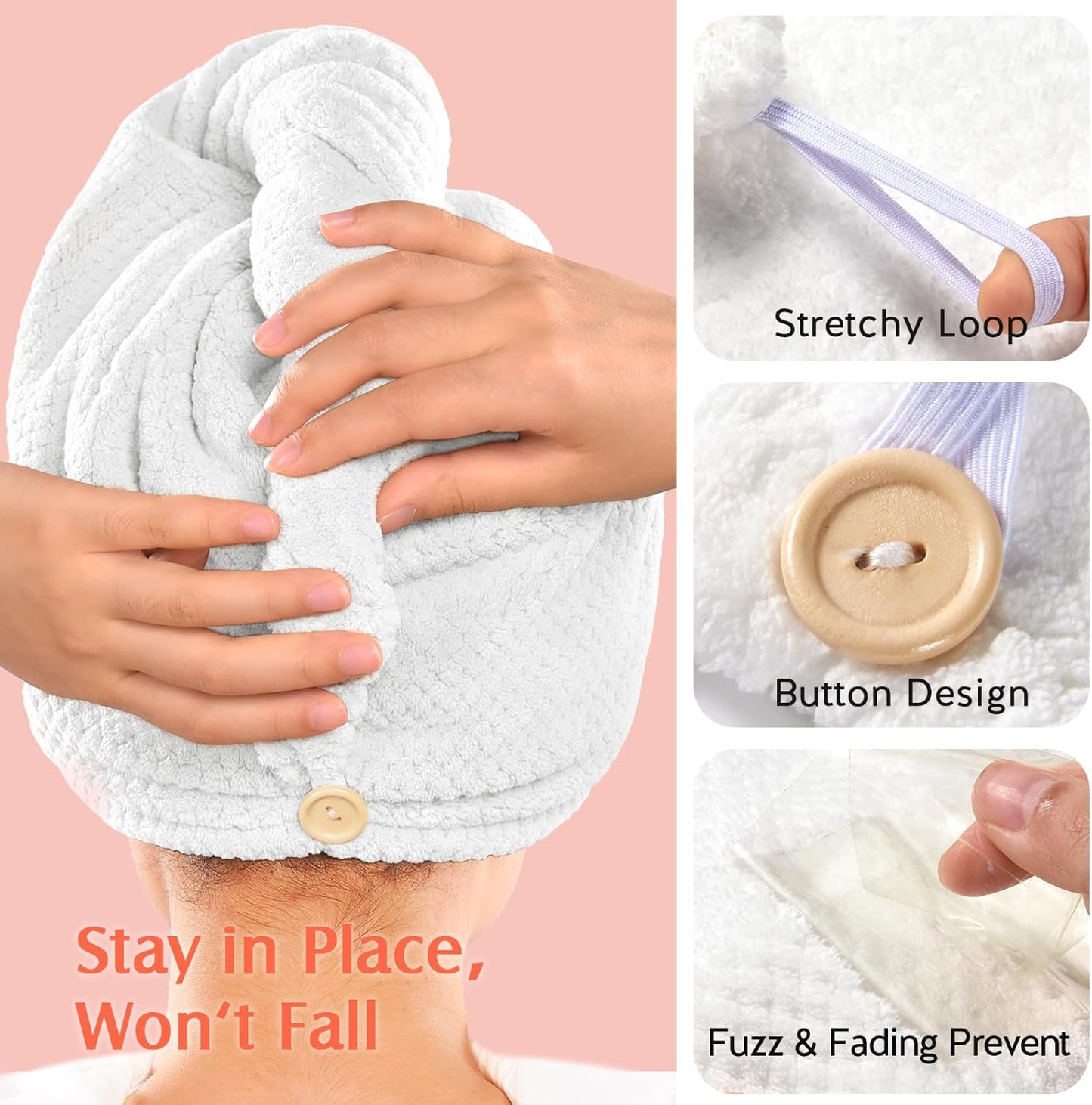 YFONG 2 Pack Large Microfiber Hair Towel Wrap, Super Absorbent Quick Dry Hair Turban, Anti Frizz Drying Towel with Button