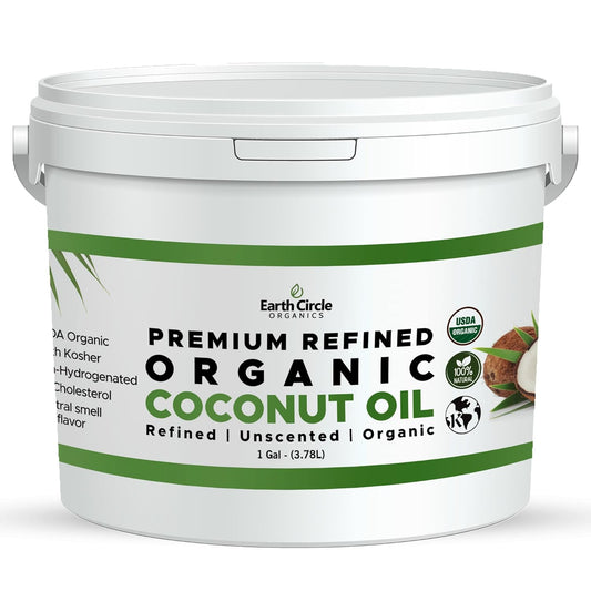 Earth Circle Organics Refined Coconut Oil - Ultra Premium Steam Refined, Keto & Paleo Friendly, Zero Coconut taste or smell - For Skin & Hair Care, Cooking, Deep Frying, Baking & More - Bulk 1 Gallon