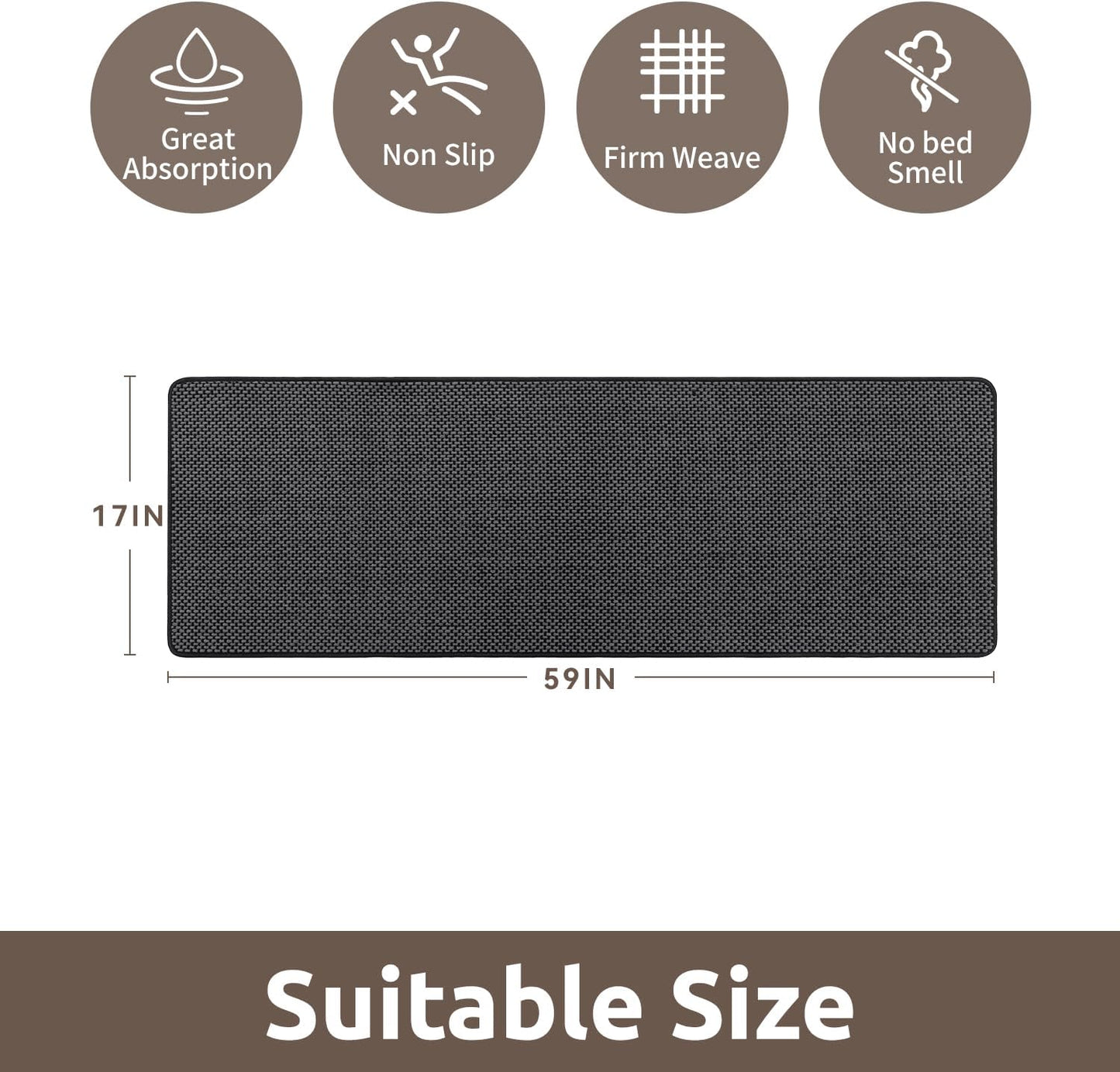AMOAMI Chenille Bath Mat Super Absorbent Bathroom Mat Quick Dry Low Pile Bath Mats for Bathroom Washable Rubber Backed Bathroom Runners Fit Under Door, Front of Bathtub, Sink, Darkgrey&Black 17"x59"