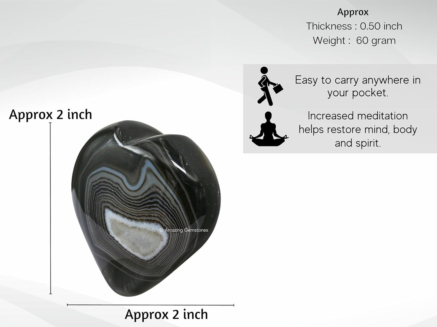 Amazing Gemstone Black Onyx Agate Crystal Heart Palm Stone - Pocket Massage Worry Stone for Natural Body Chakra Balancing, Reiki Healing and Crystal Grid