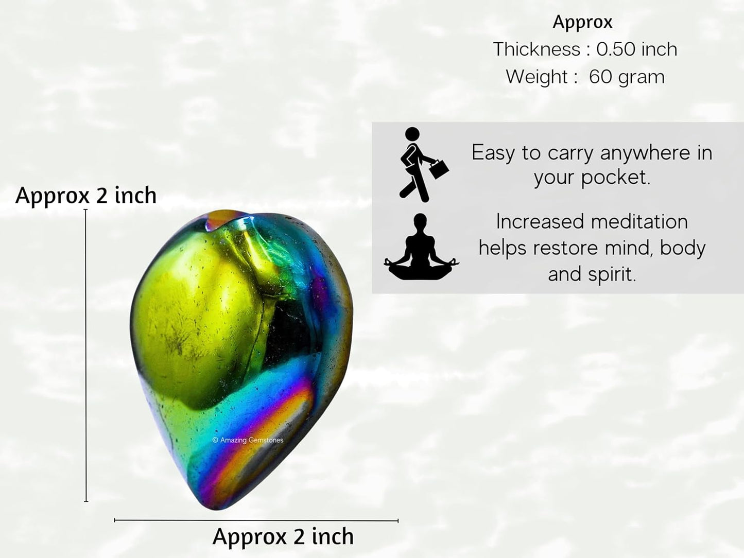 Amazing Gemstone Titanium Aura Quartz Crystal Heart Palm Stone - Pocket Massage Worry Stone for Natural Body Chakra Balancing, Reiki Healing and Crystal Grid