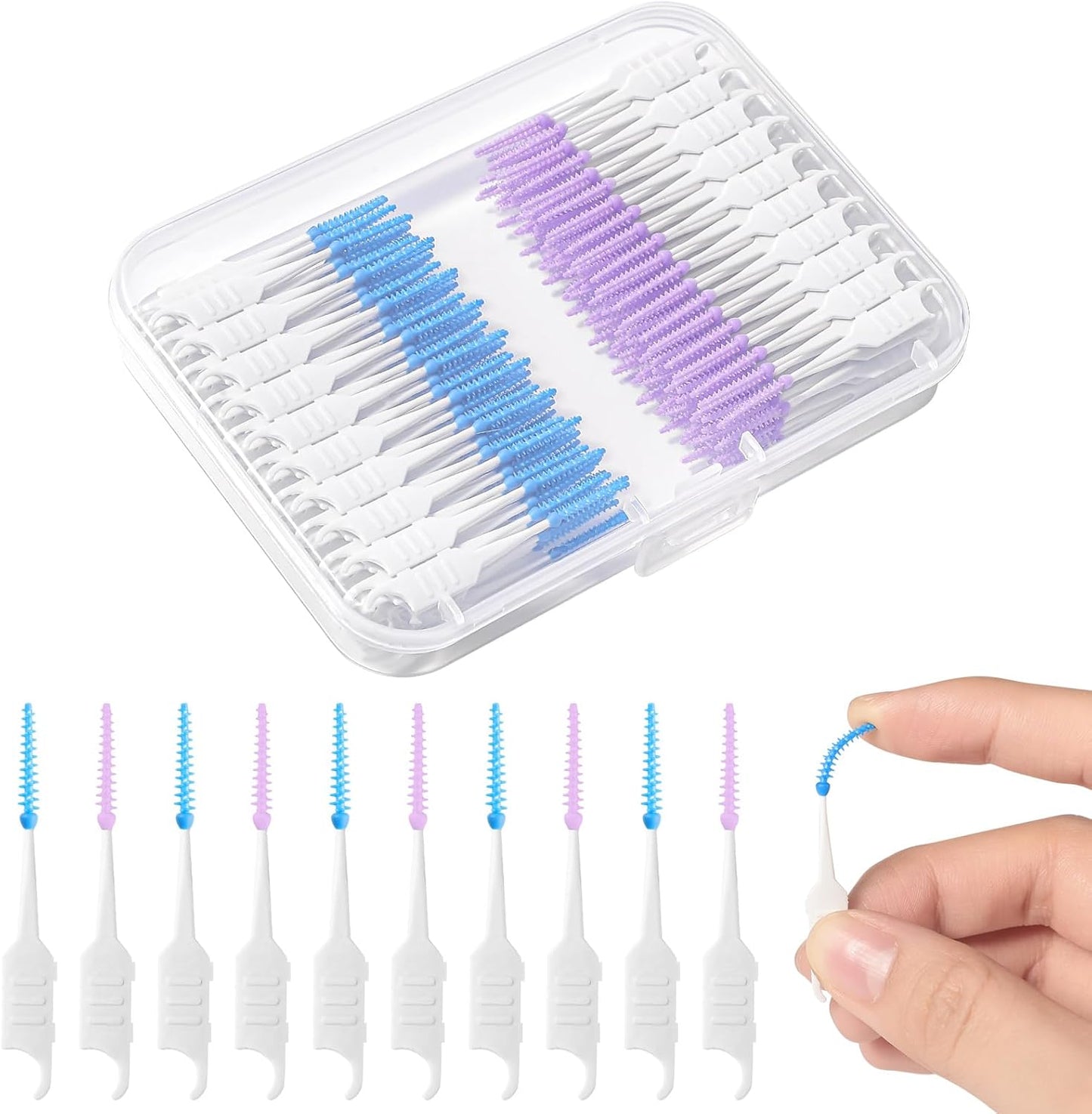 250 Pieces Interdental Brushes, Silicone Dental Floss Picks with Case Dental Brushes Dental Picks Tooth Floss Picks for Teeth Cleaning(Blue, Purple)